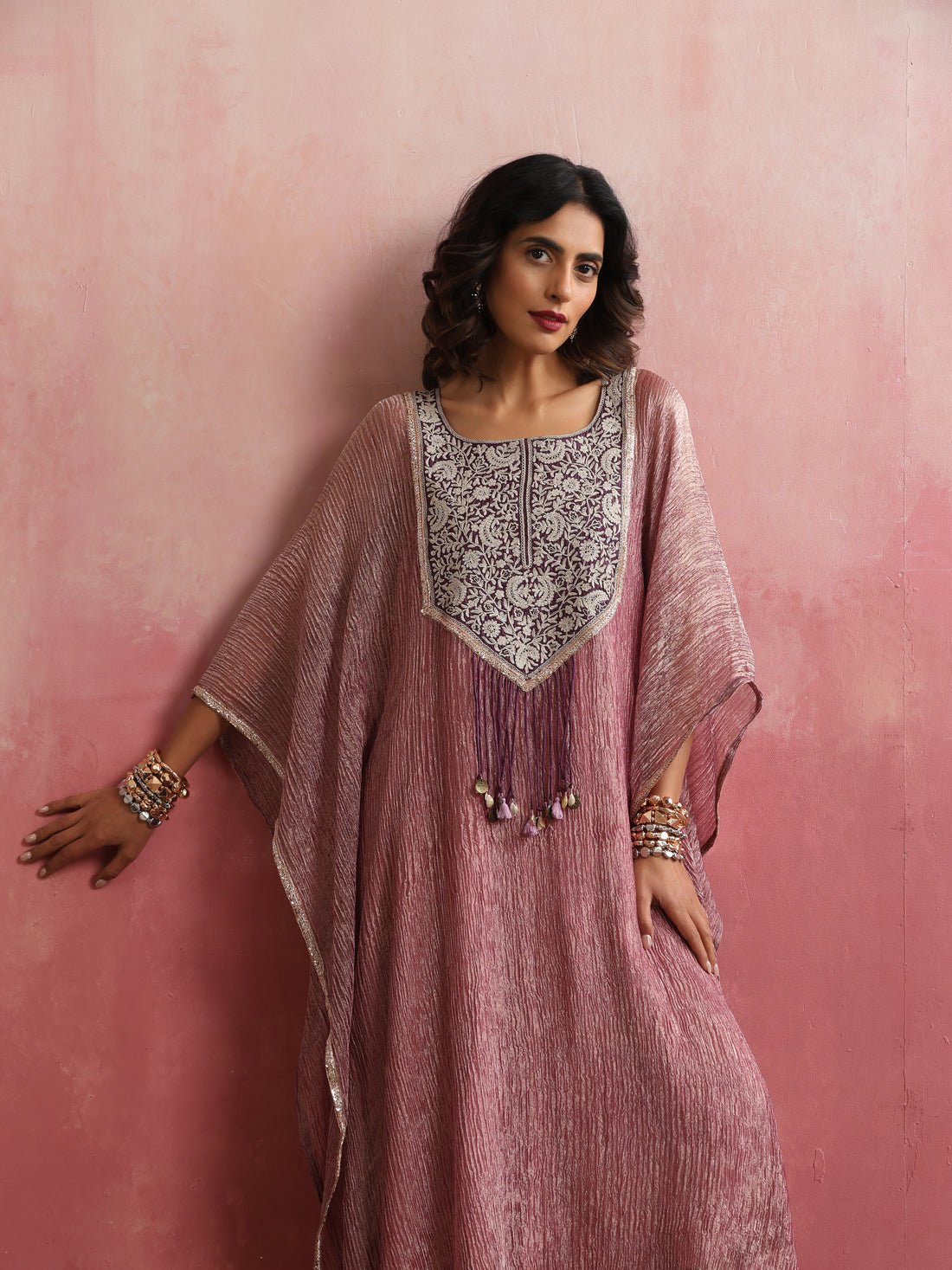Stitched Crushed Tissue Silk Embroidered Kaftan in Dusty Rose