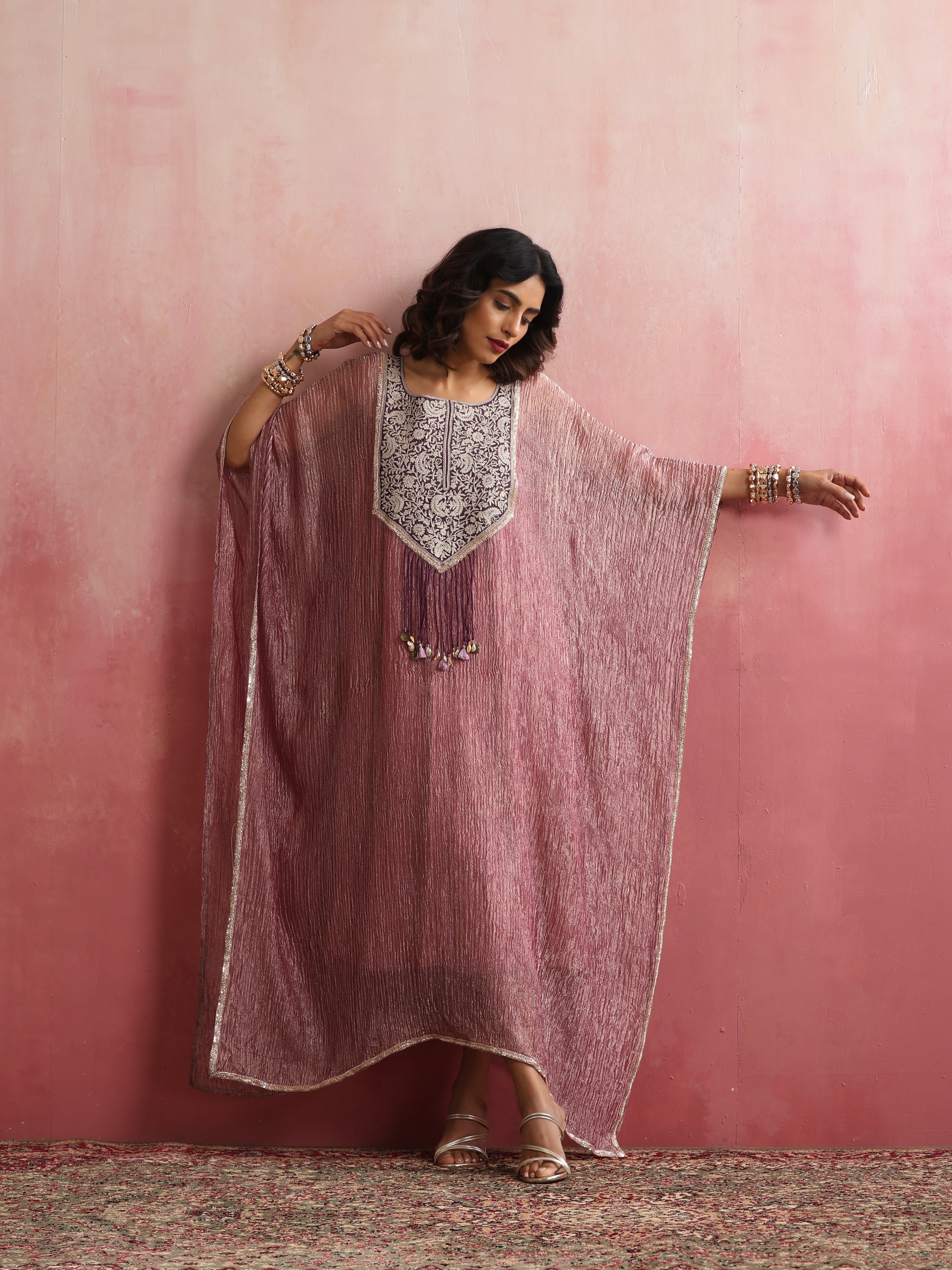 Stitched Crushed Tissue Silk Embroidered Kaftan in Dusty Rose