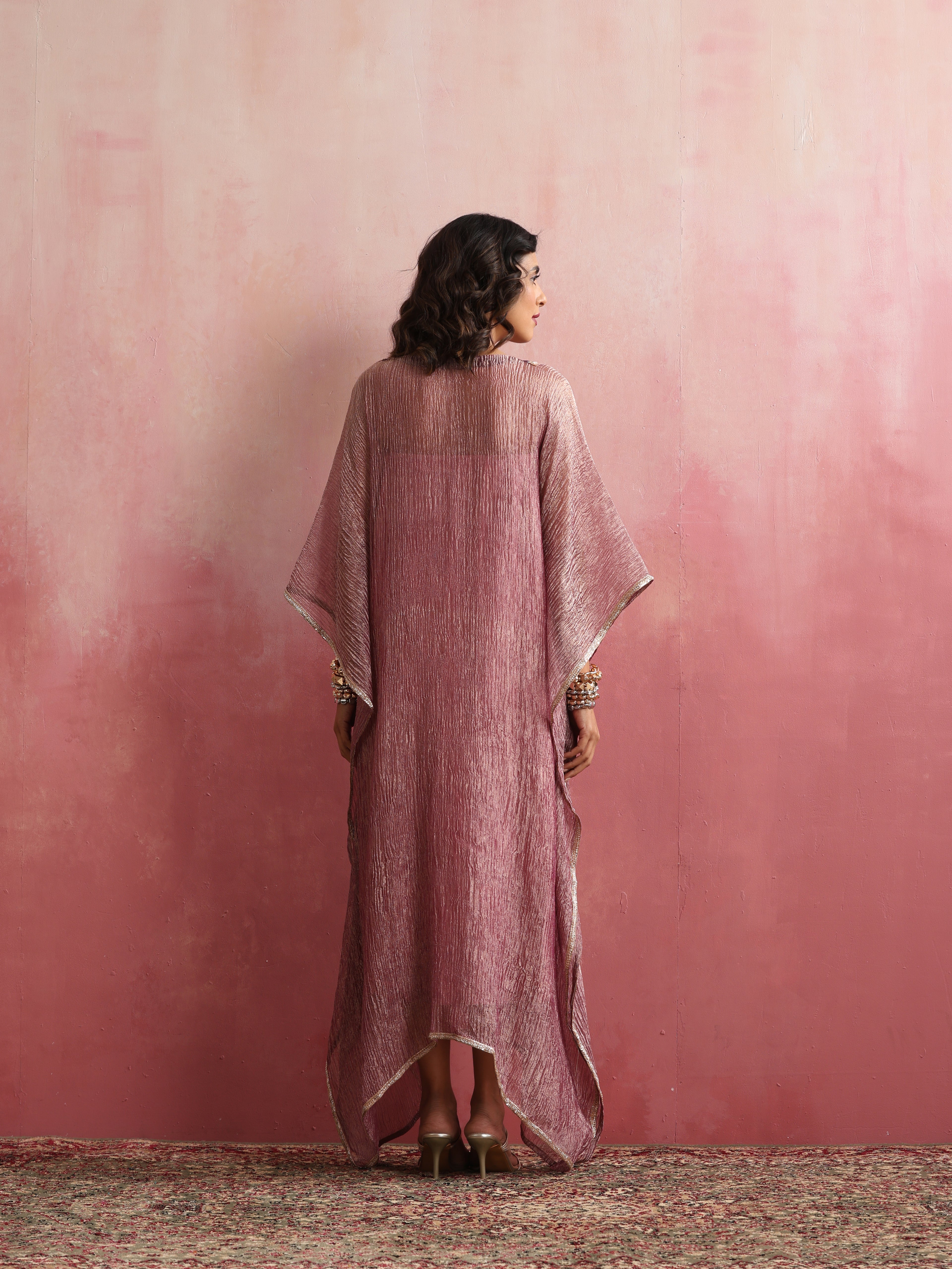 Stitched Crushed Tissue Silk Embroidered Kaftan in Dusty Rose