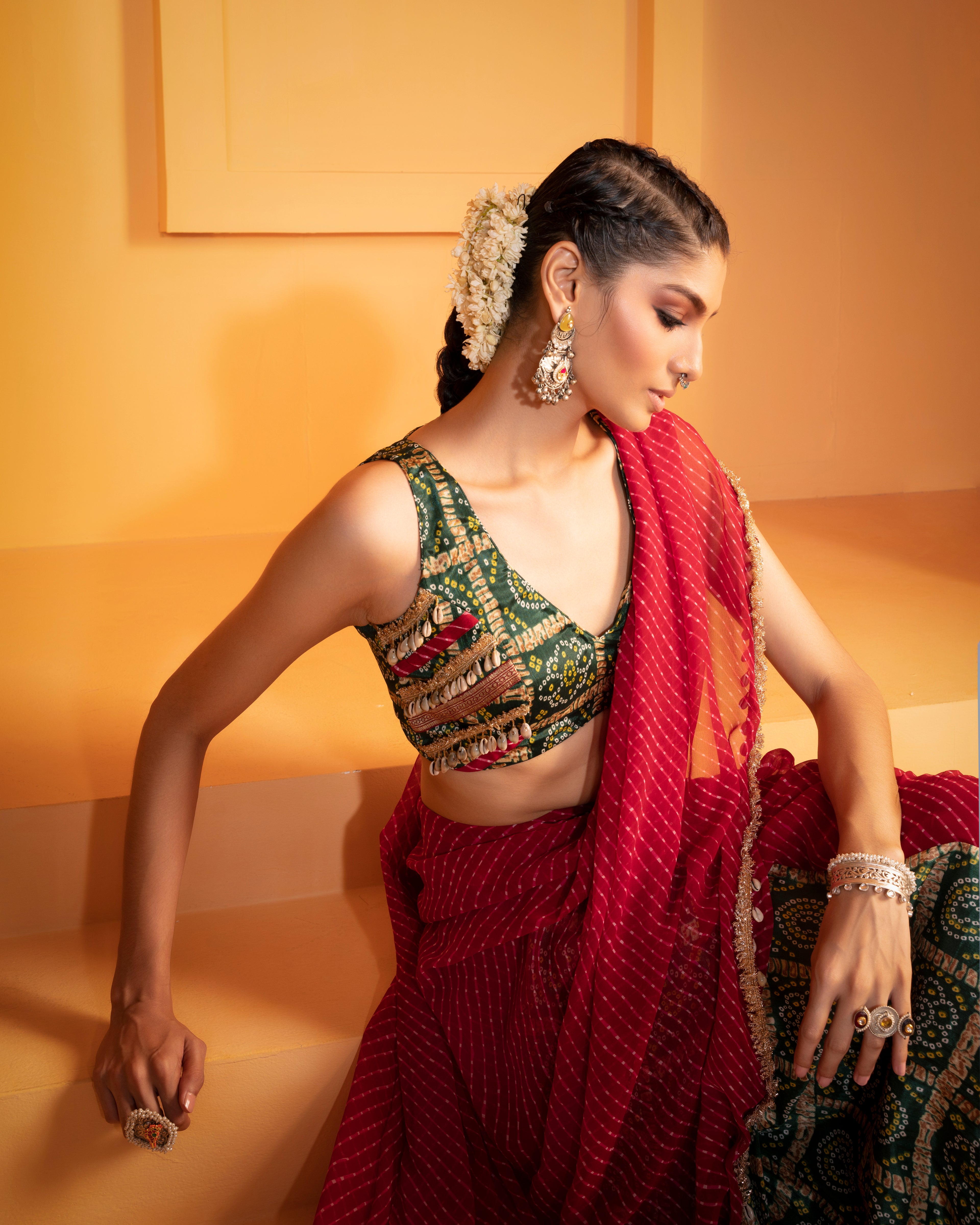 Print Leheriya Stitched Chiffon Saree