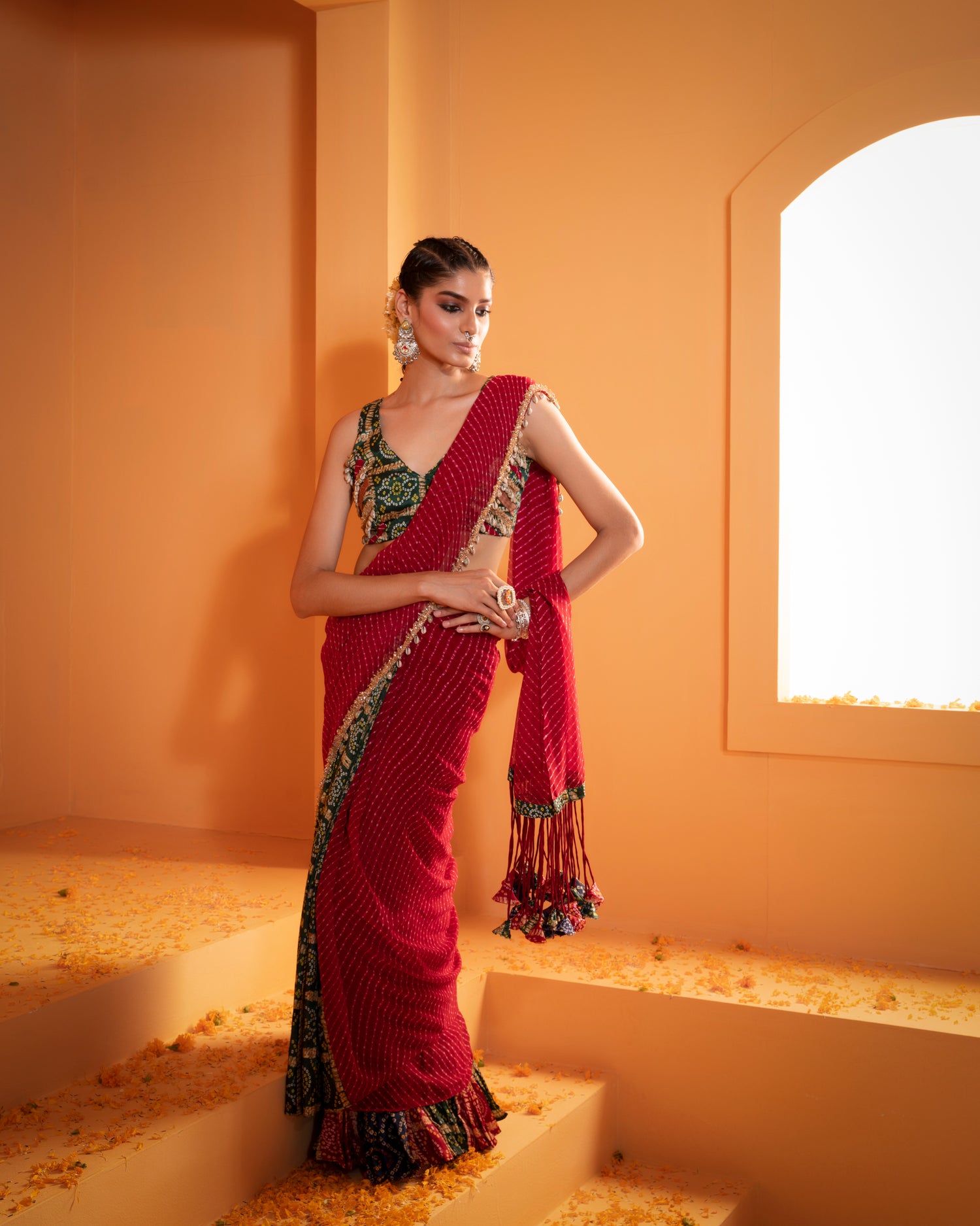 Print Leheriya Stitched Chiffon Saree