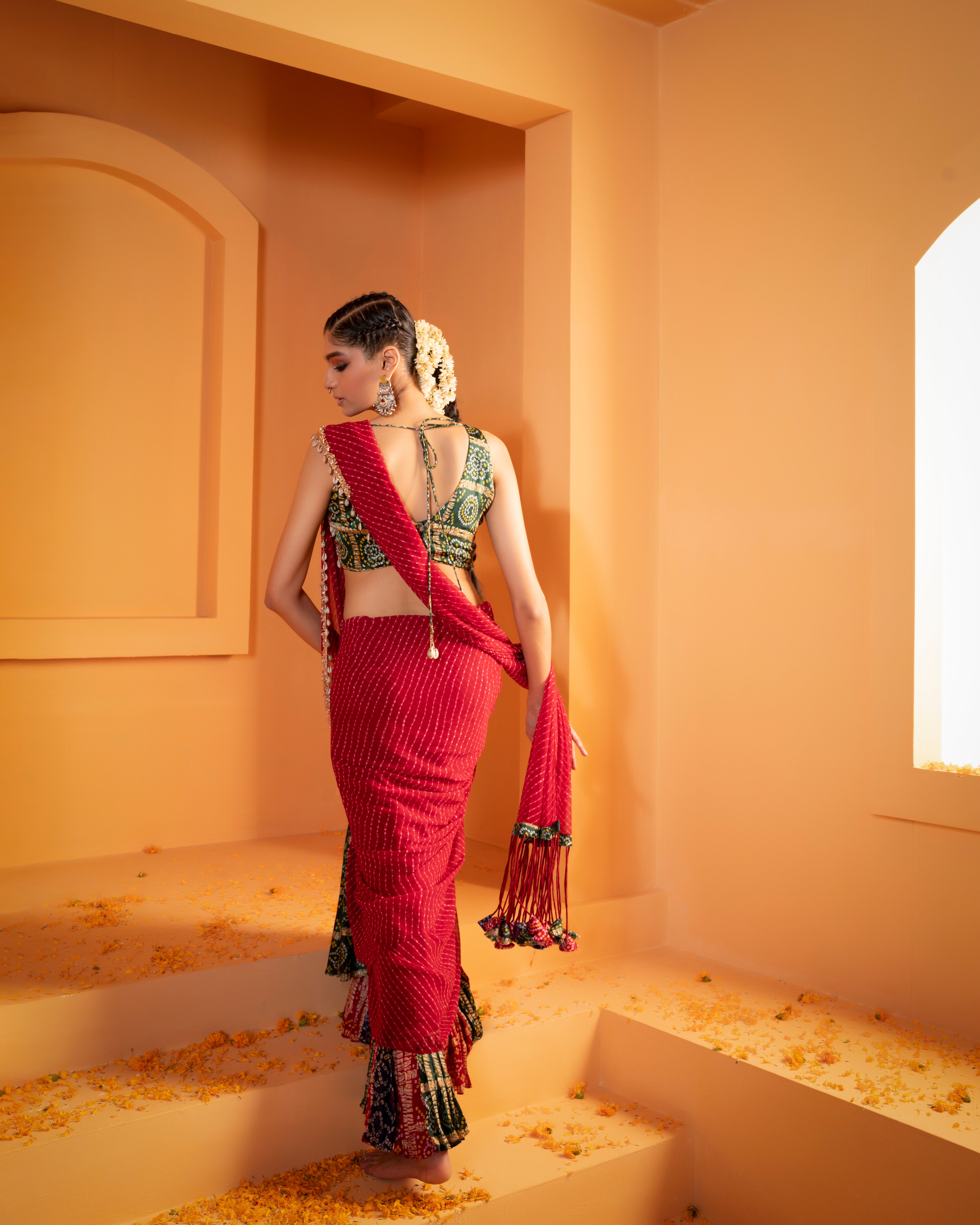 Print Leheriya Stitched Chiffon Saree