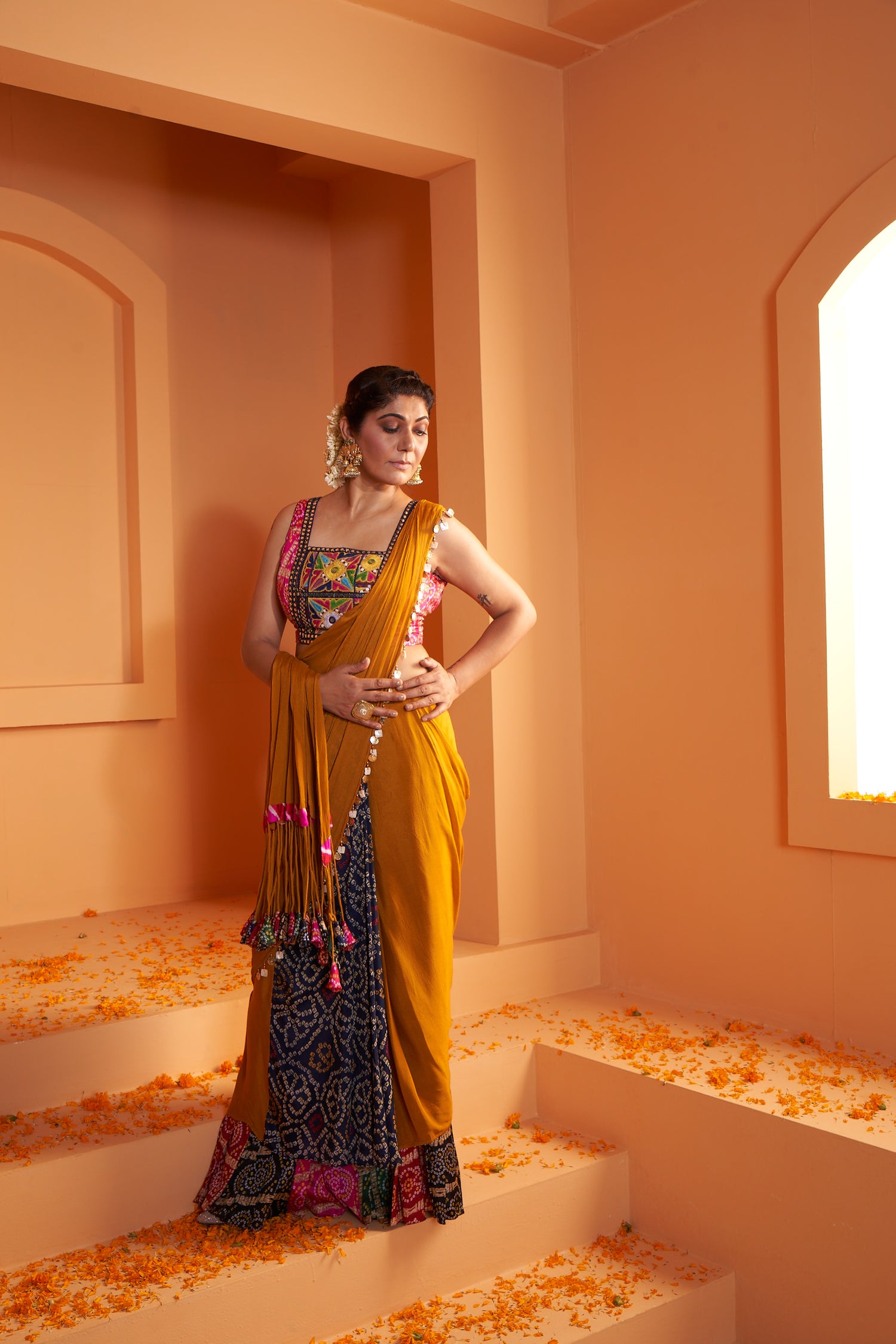 Artsilk Bandhani Stitched Drape Chiffon Saree with Pink Kutchwork Blouse