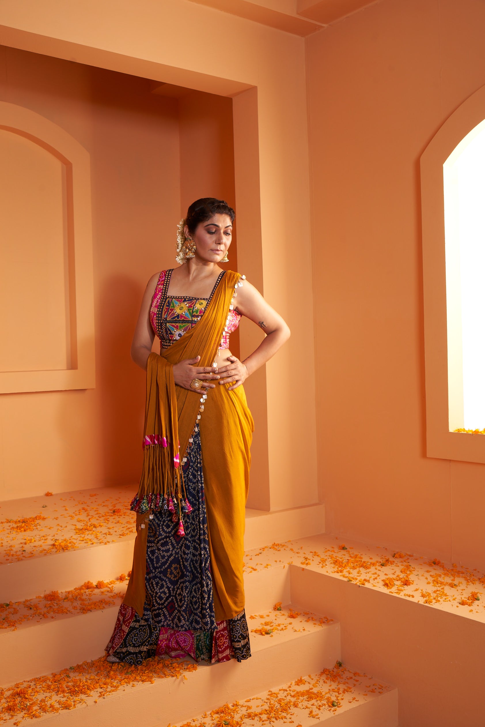Artsilk Bandhani Stitched Drape Chiffon Saree with Pink Kutchwork Blouse