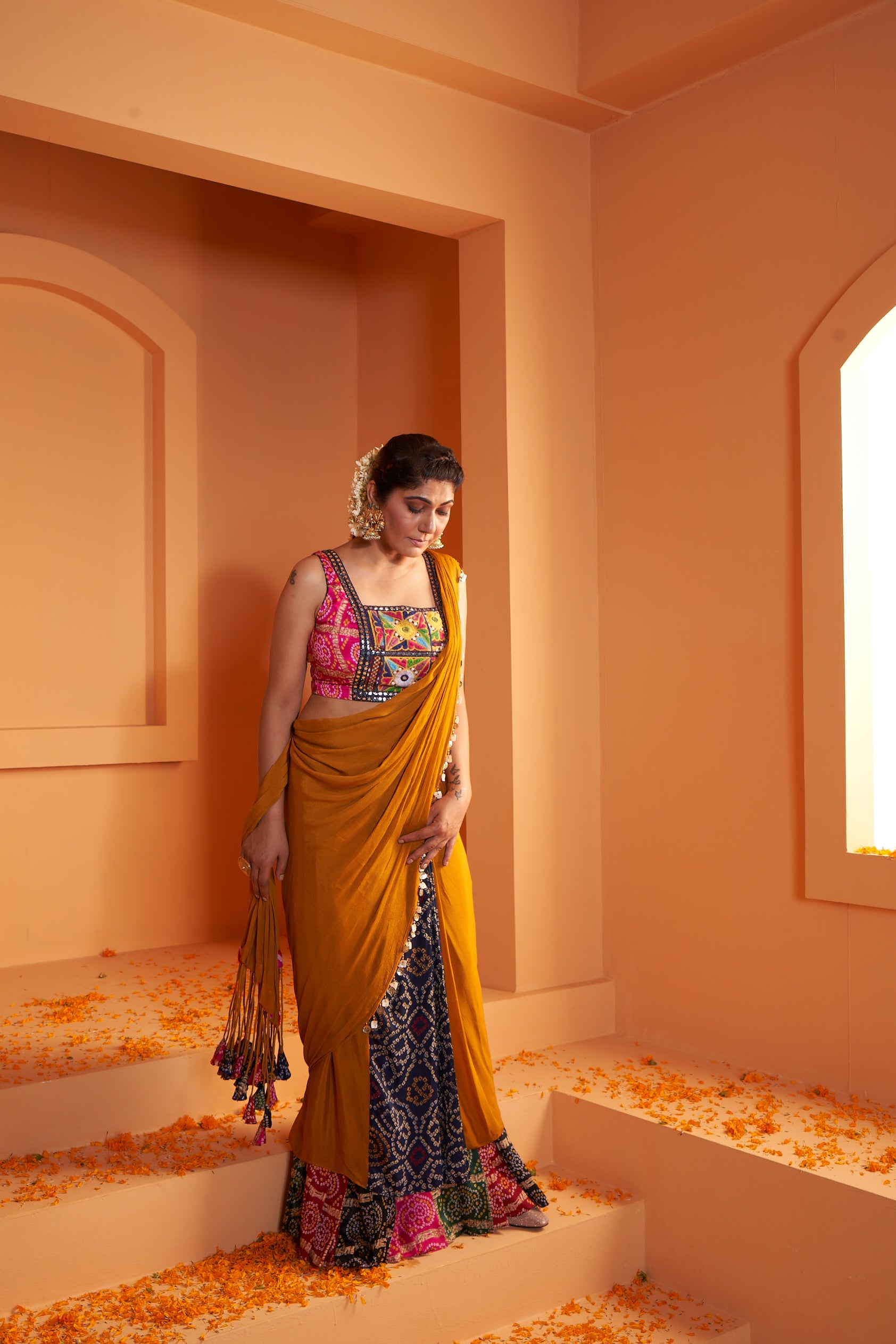 Artsilk Bandhani Stitched Drape Chiffon Saree with Pink Kutchwork Blouse
