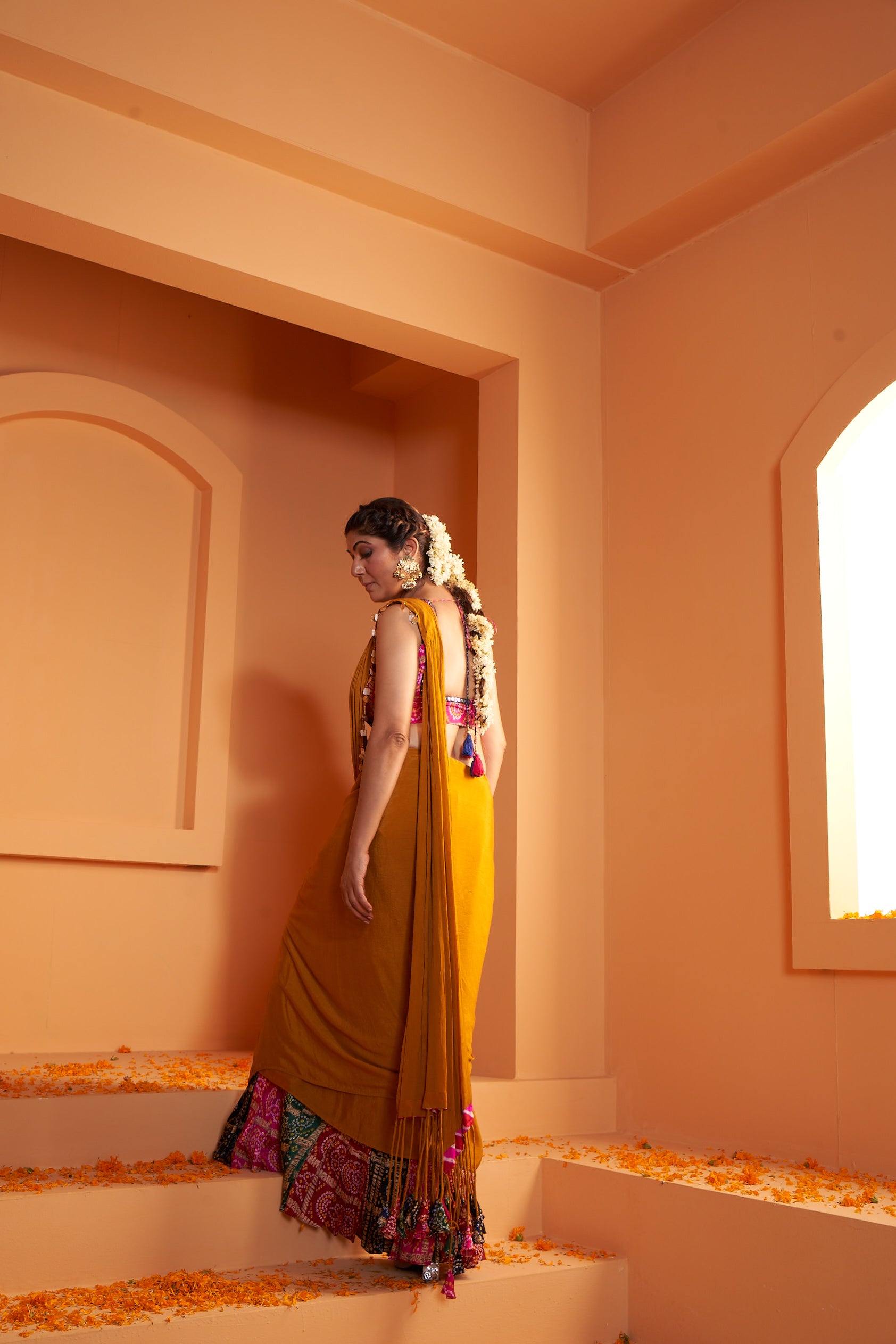 Artsilk Bandhani Stitched Drape Chiffon Saree with Pink Kutchwork Blouse