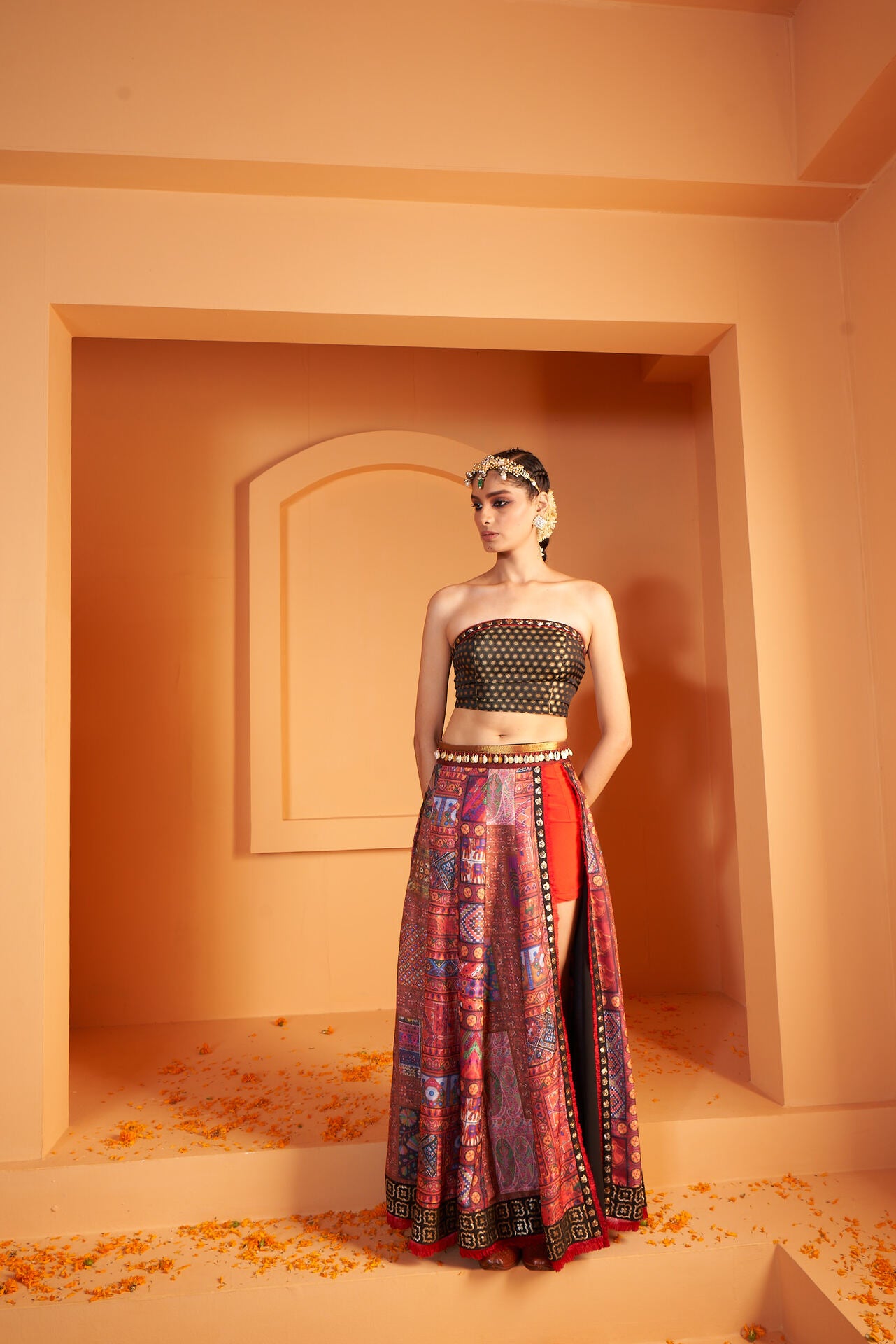 Viscose Crepe Satin Print Stitched Slit Skirt with Brocade Tube Top