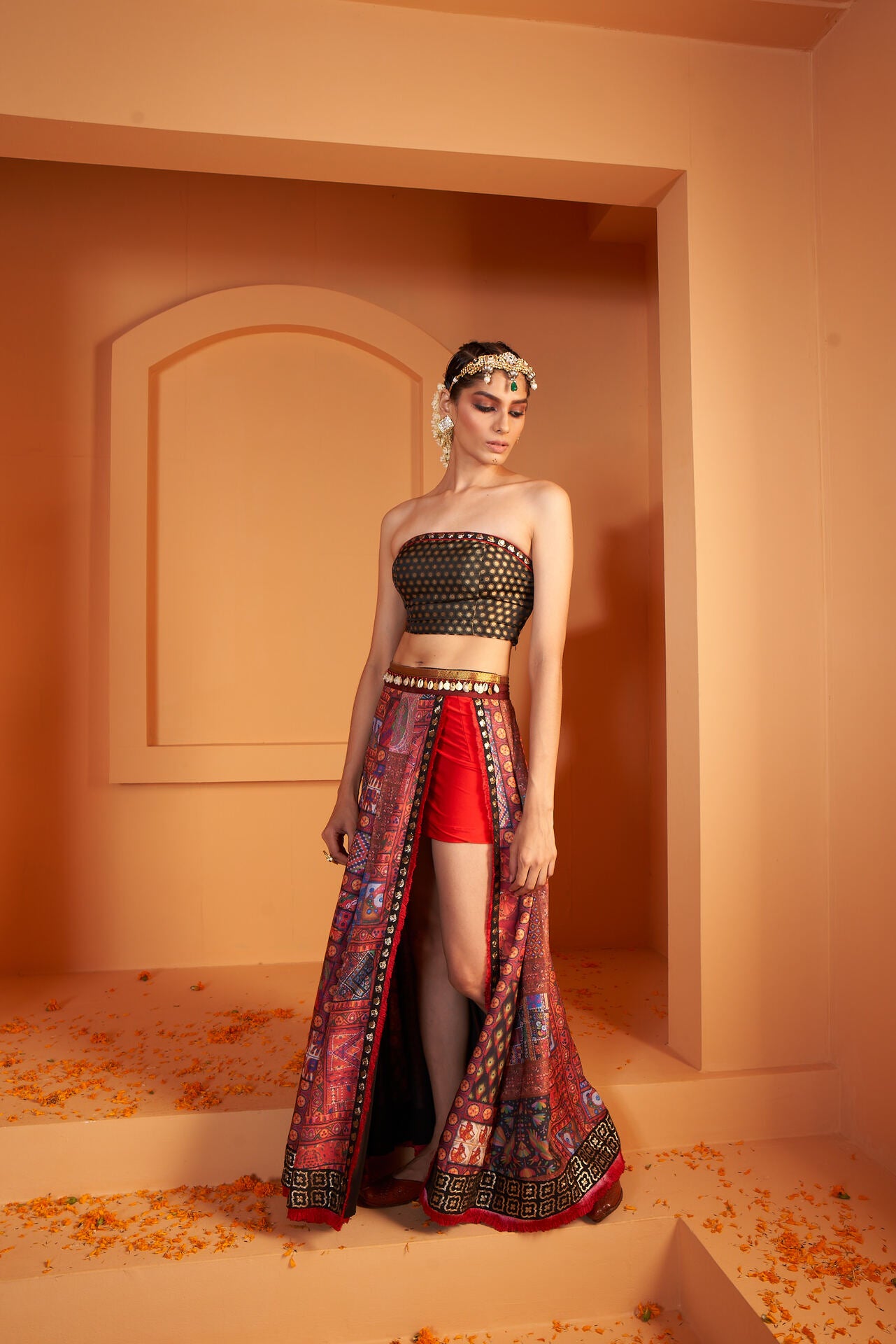 Viscose Crepe Satin Print Stitched Slit Skirt with Brocade Tube Top