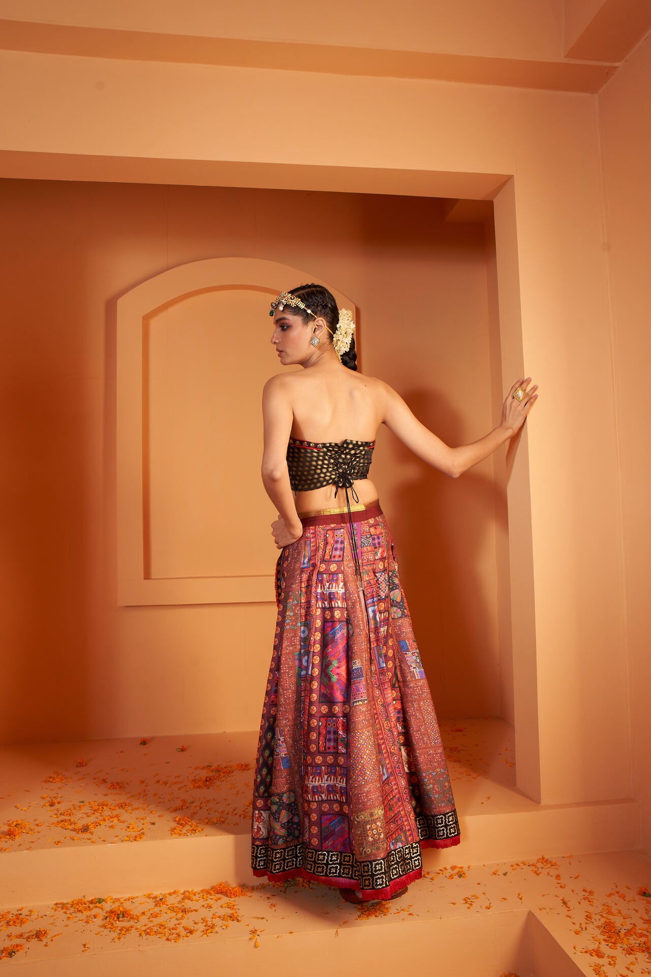 Viscose Crepe Satin Print Stitched Slit Skirt with Brocade Tube Top