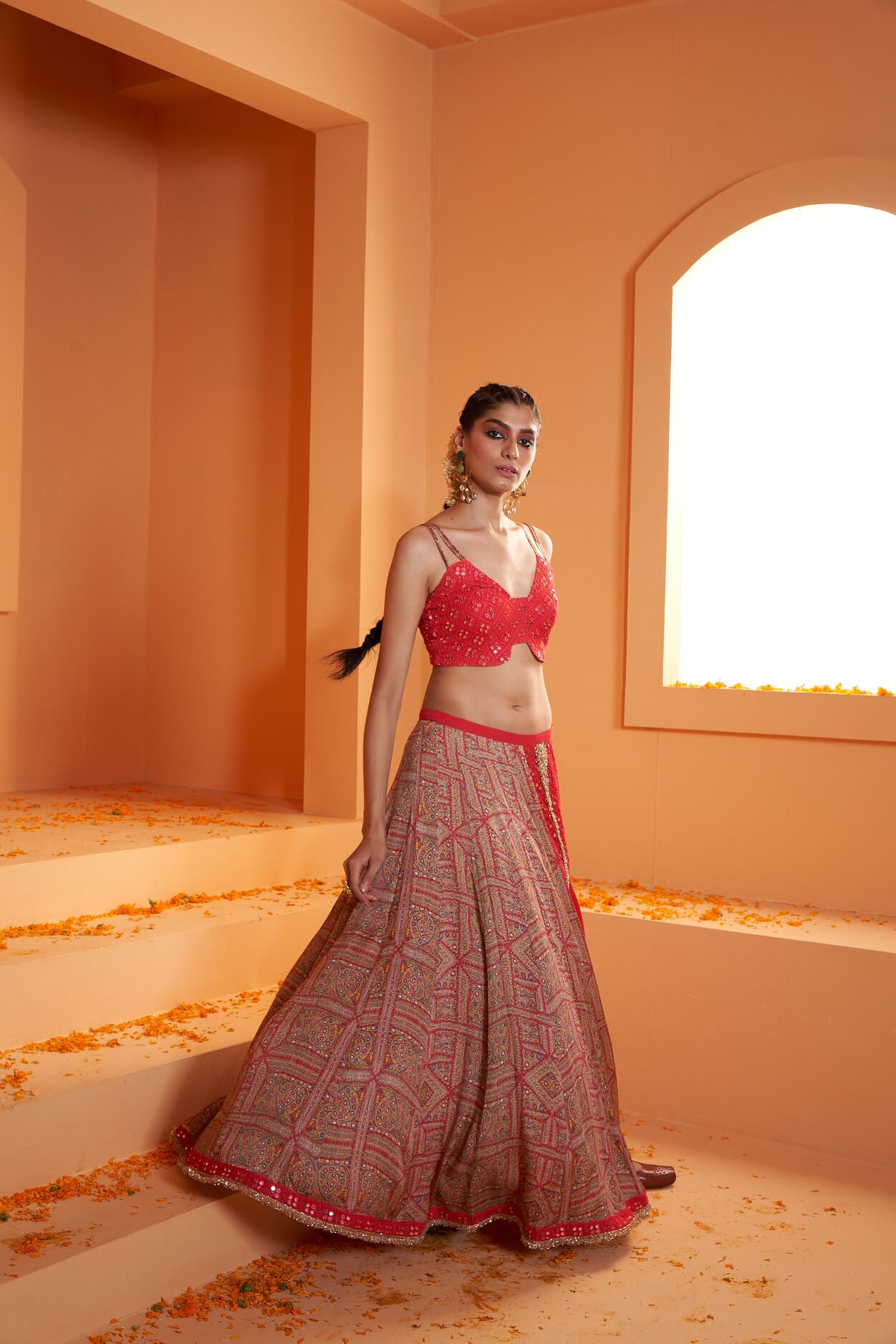 Viscose Crepe Satin Print Stitched Slit Skirt with Mirror Blouse