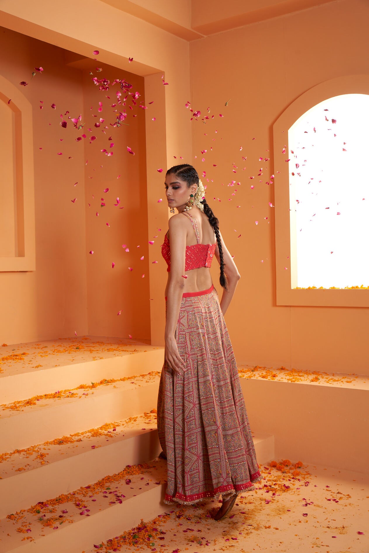 Viscose Crepe Satin Print Stitched Slit Skirt with Mirror Blouse