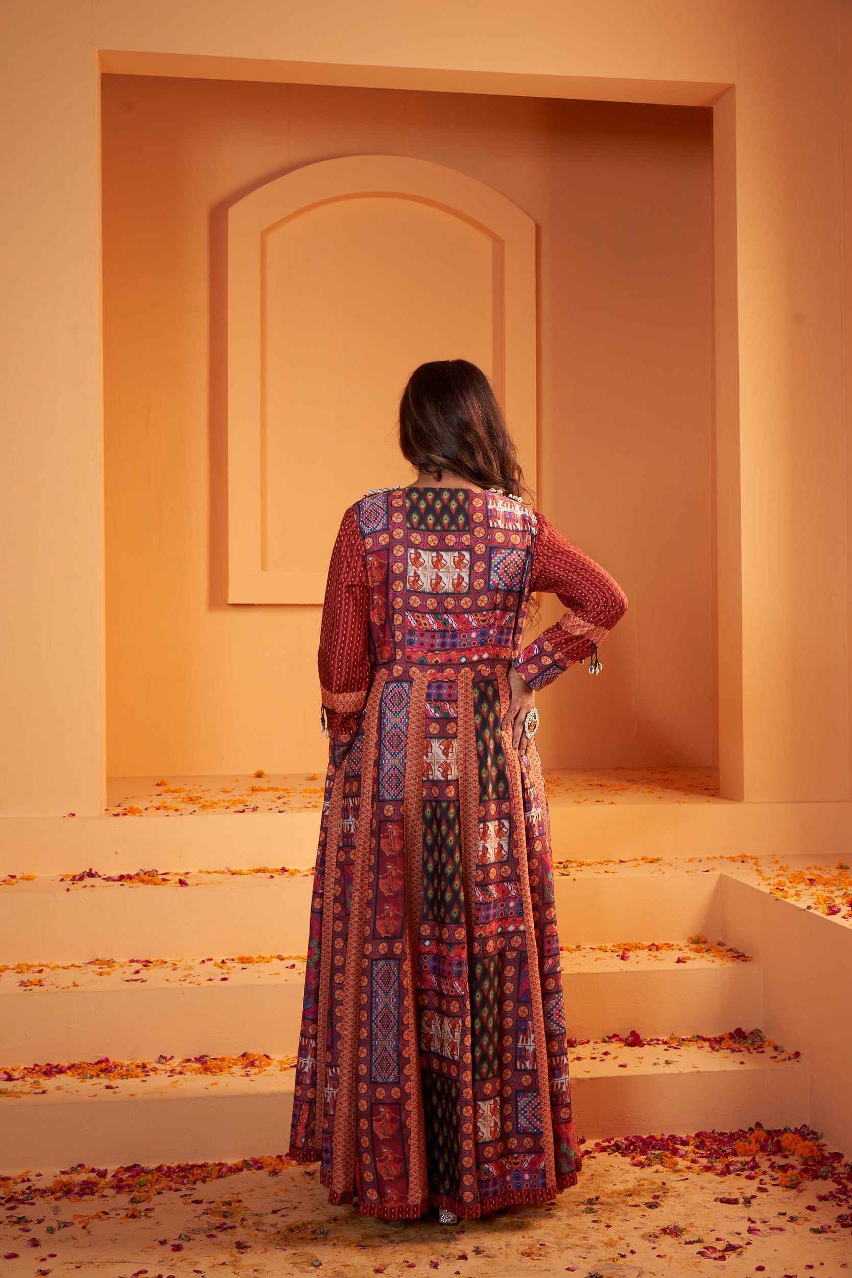 Crepe Print Kutchwork Stitched Dress with Shells