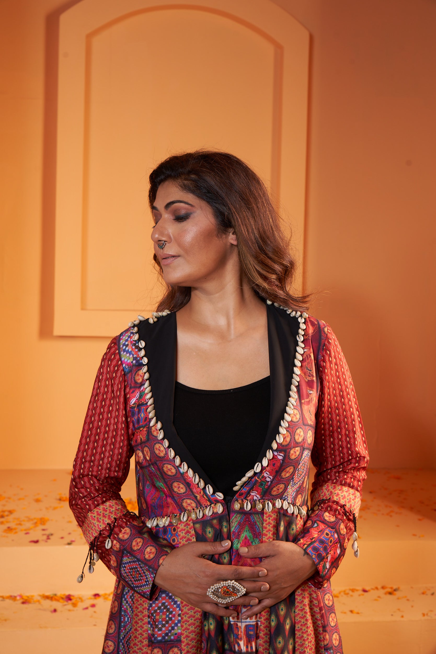 Crepe Print Kutchwork Stitched Dress with Shells