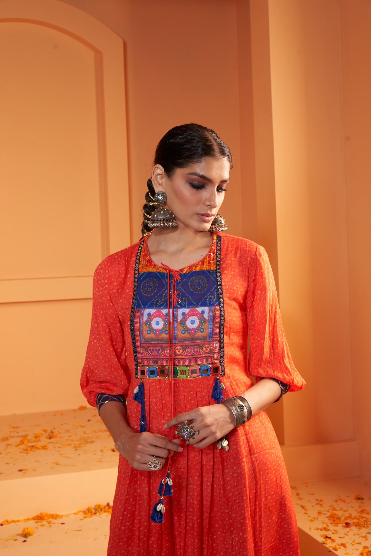 Red Viscose Crepe Print Bandhani Stitched Dress