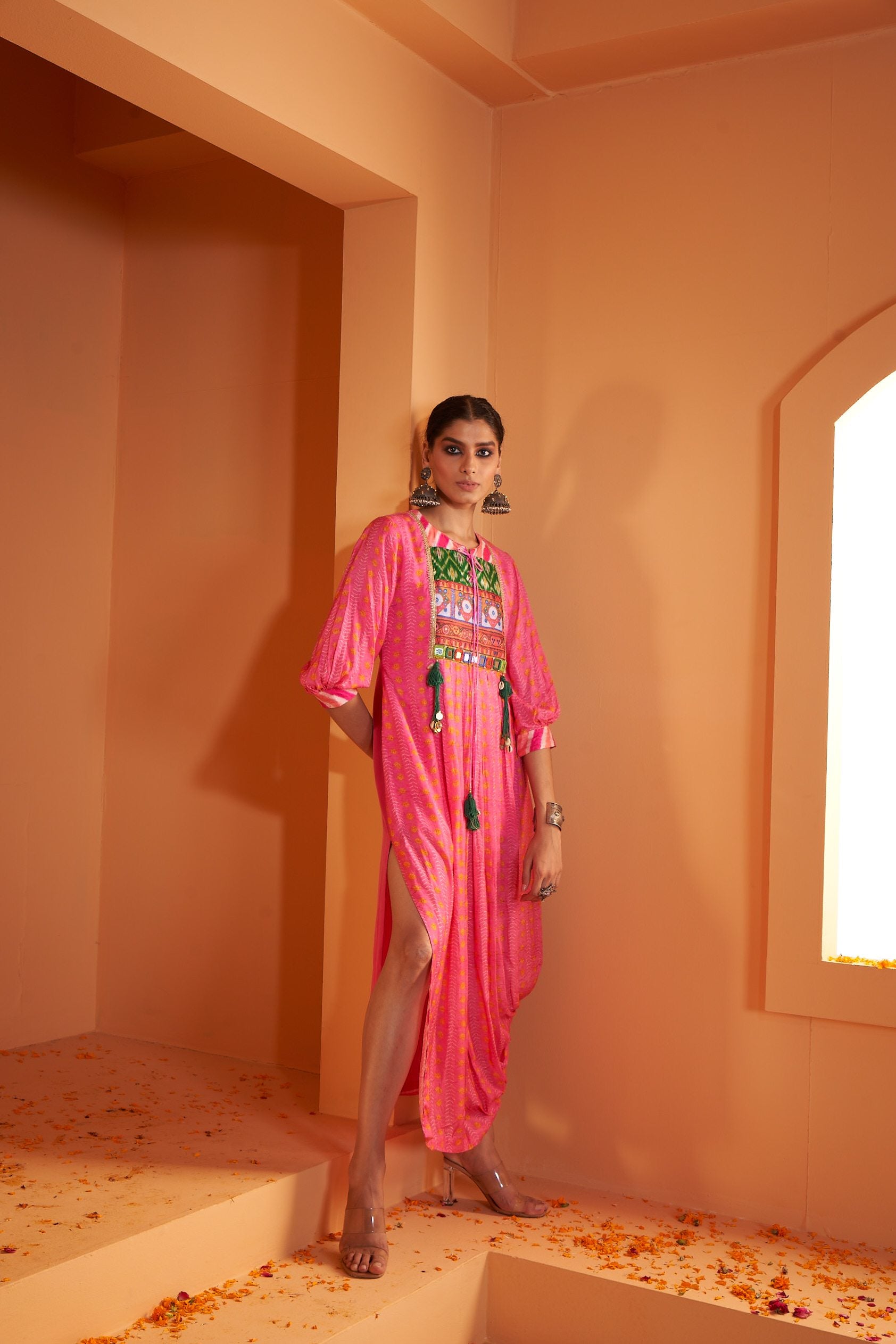 Pink Viscose Crepe Print Bandhani Stitched Dress