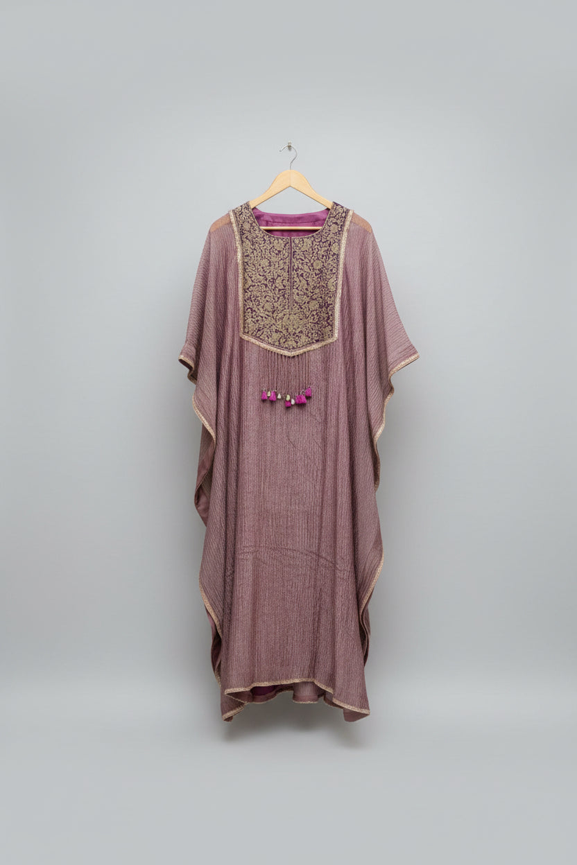 Hand Embroidered Crush Tissue Kaftan in Mauve