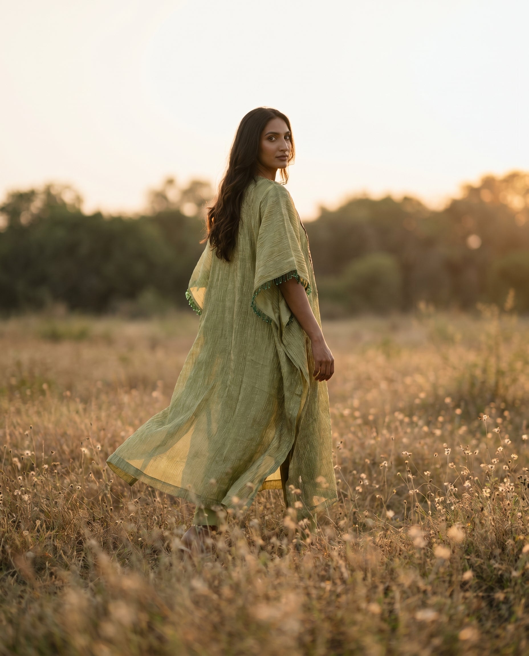 Crushed Tissue Silk Kaftan in Olive Green with Embroidered Panel - Khinkhwab
