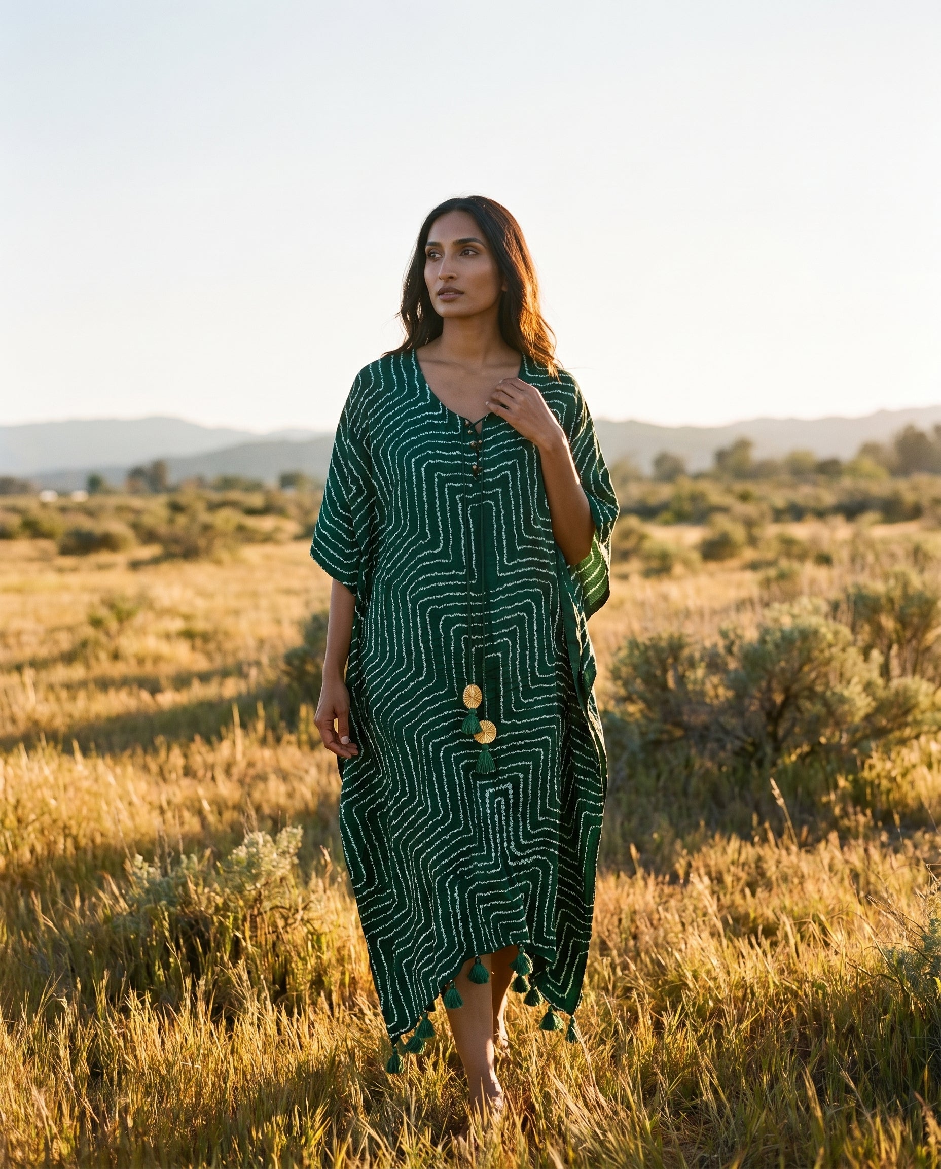 Gajji Silk Bandhani Stitched Kaftan in Bottle Green
