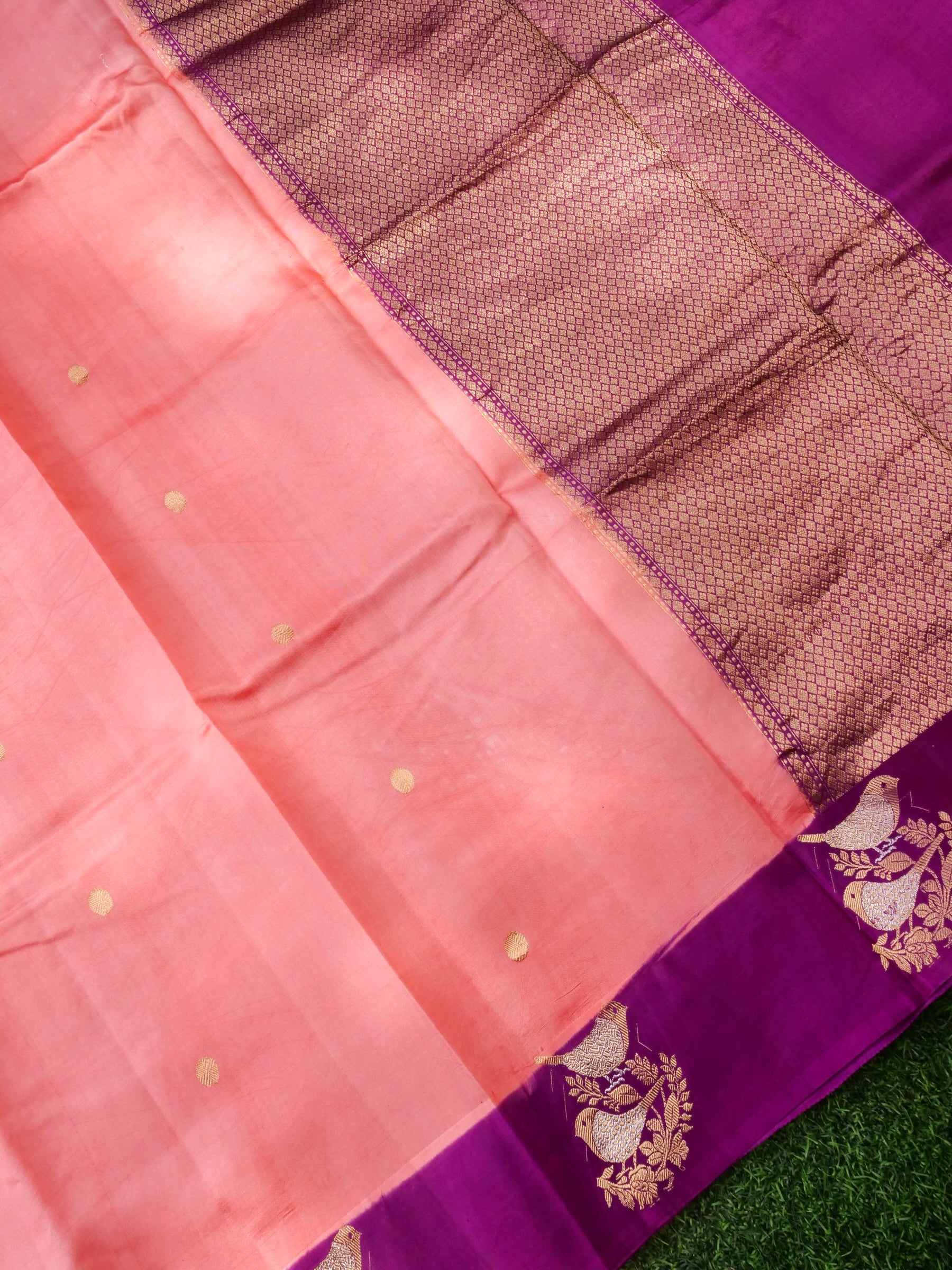Handloom Banarasi Pure Katan Silk Kadwa Saree in Coral with Bird Motif - Khinkhwab