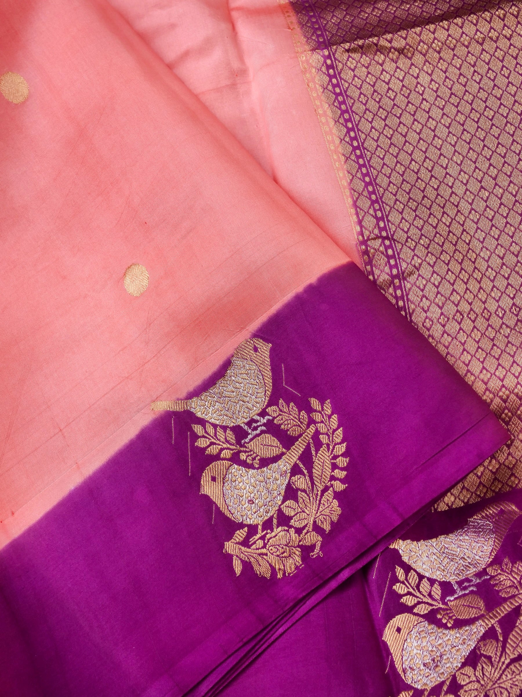 Handloom Banarasi Pure Katan Silk Kadwa Saree in Coral with Bird Motif - Khinkhwab