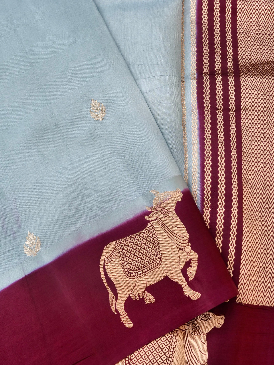 Handloom Banarasi Pure Katan Silk Kadwa Saree in Ice Blue with Standing Nandi Motif - Khinkhwab