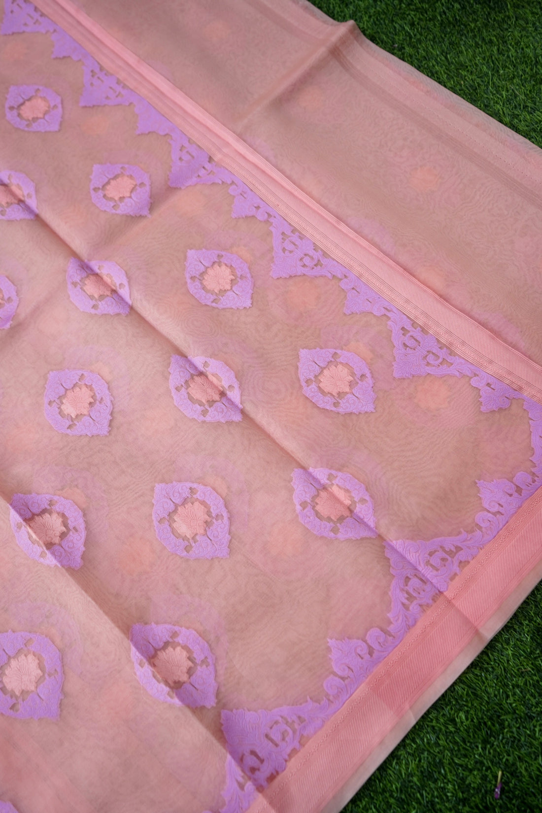 Handwoven Banarasi Organza Silk Kadwa Saree in Blush Pink- Soglia