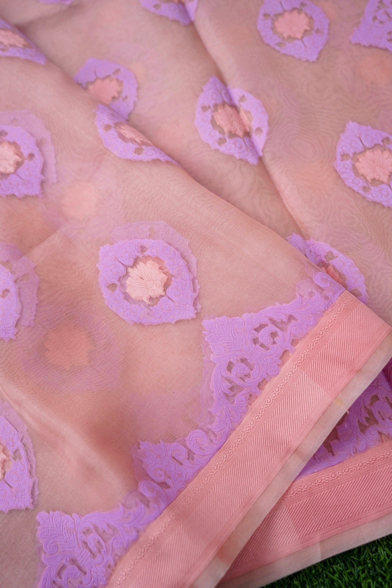 Handwoven Banarasi Organza Silk Kadwa Saree in Blush Pink- Soglia