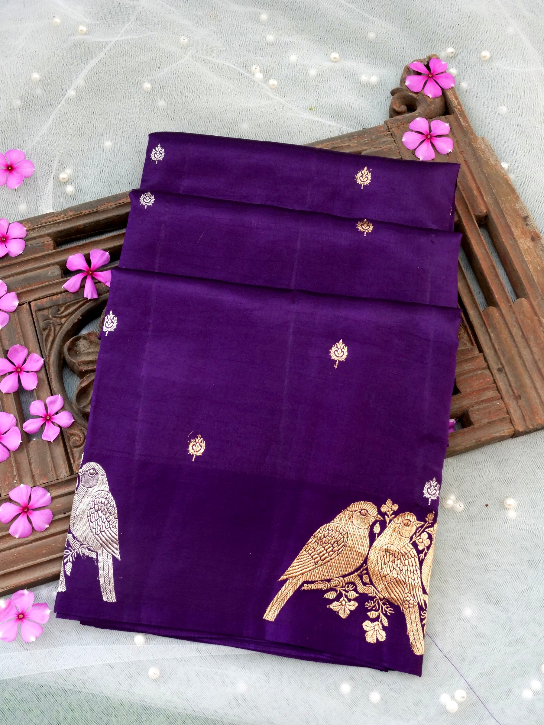 Handloom Banarasi Pure Katan Silk Kadwa Saree in Purple with Bird Motif - Khinkhwab