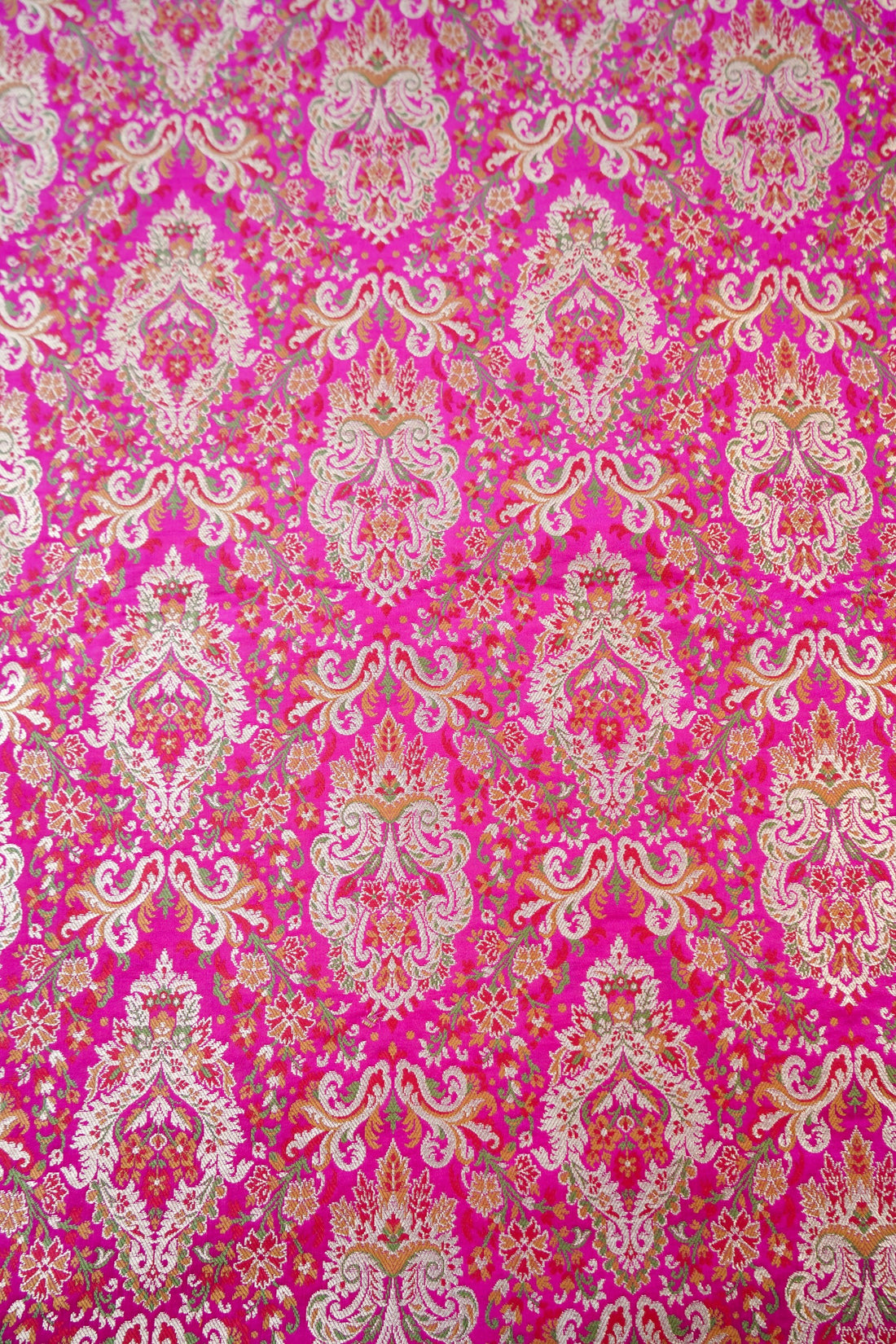 Banarasi Pure Kinkhab Silk Brocade Fabric in Magenta with Multicolour Meenakari - Khinkhwab