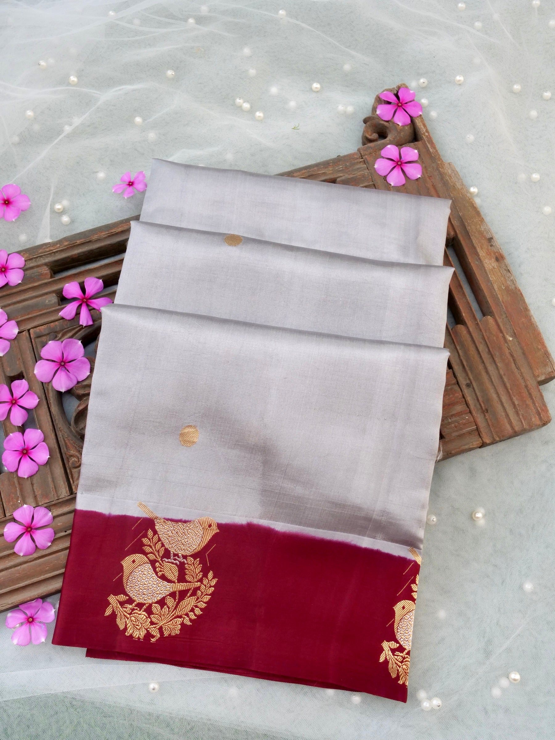 Handloom Banarasi Pure Katan Silk Kadwa Saree in Silver Grey with Bird - Khinkhwab