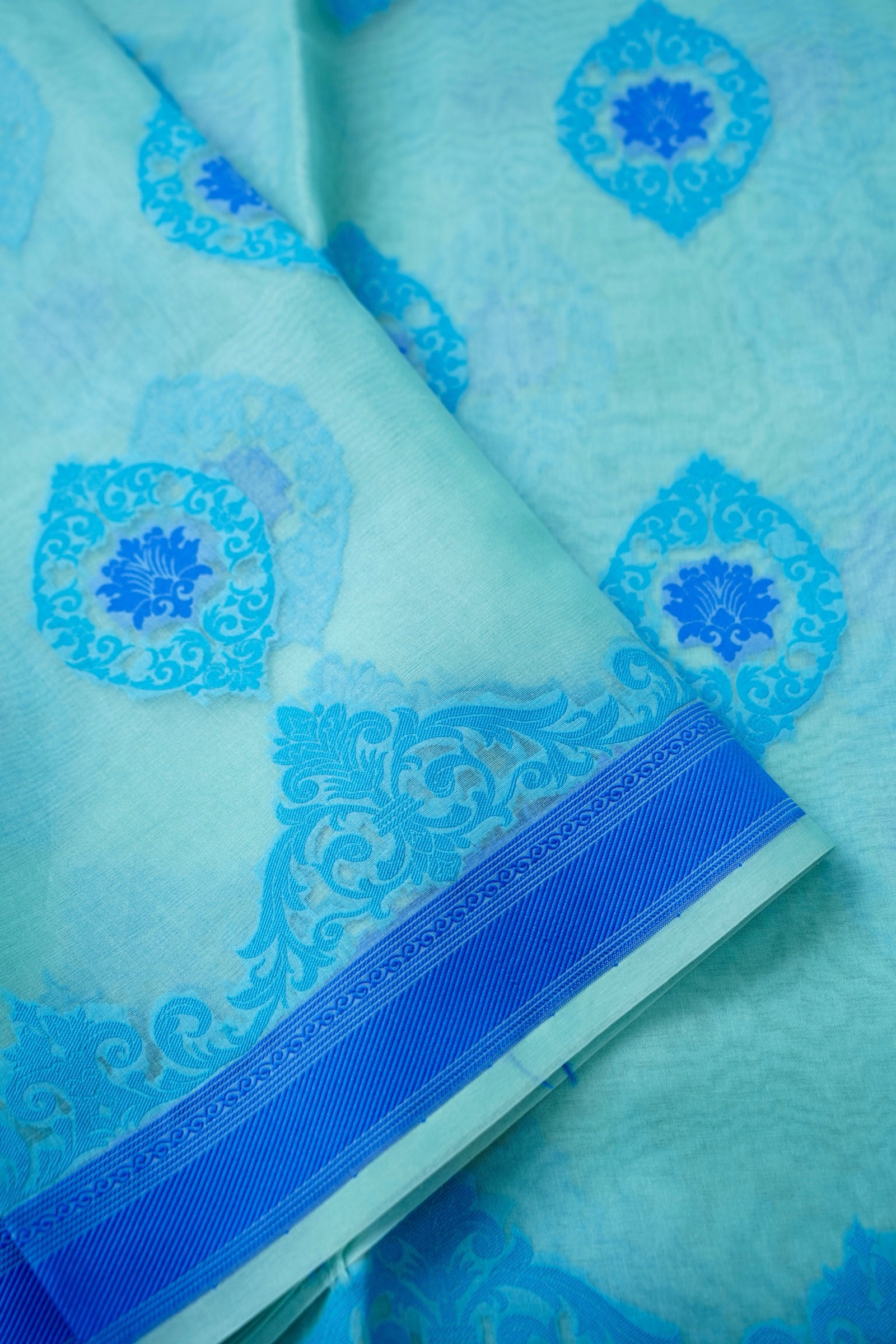 Handwoven Banarasi Organza Silk Kadwa Saree in Ice Blue- Soglia