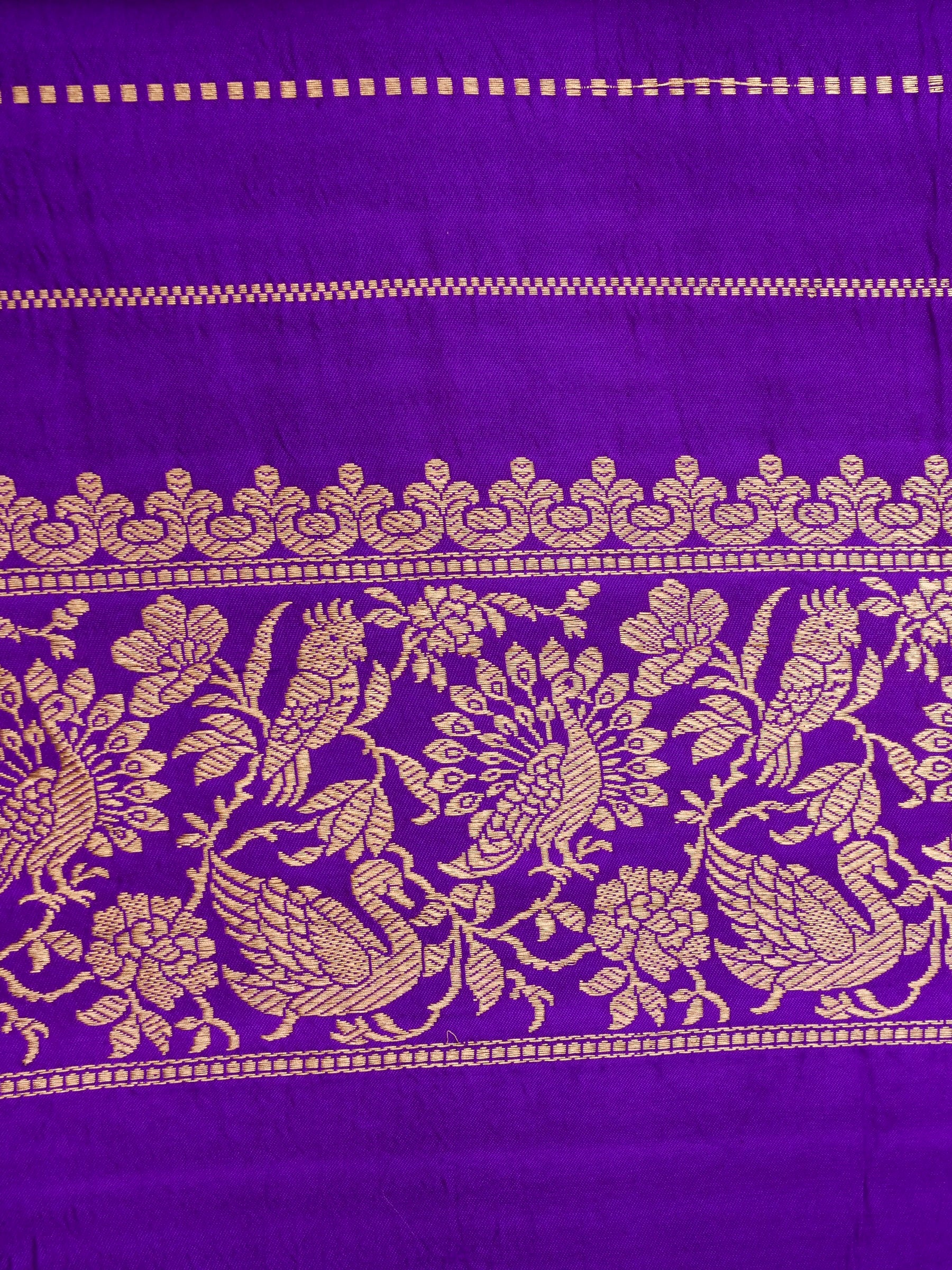 Handloom Banarasi Pure Katan Silk Kadwa Saree in Purple with Parrot Butis - Khinkhwab