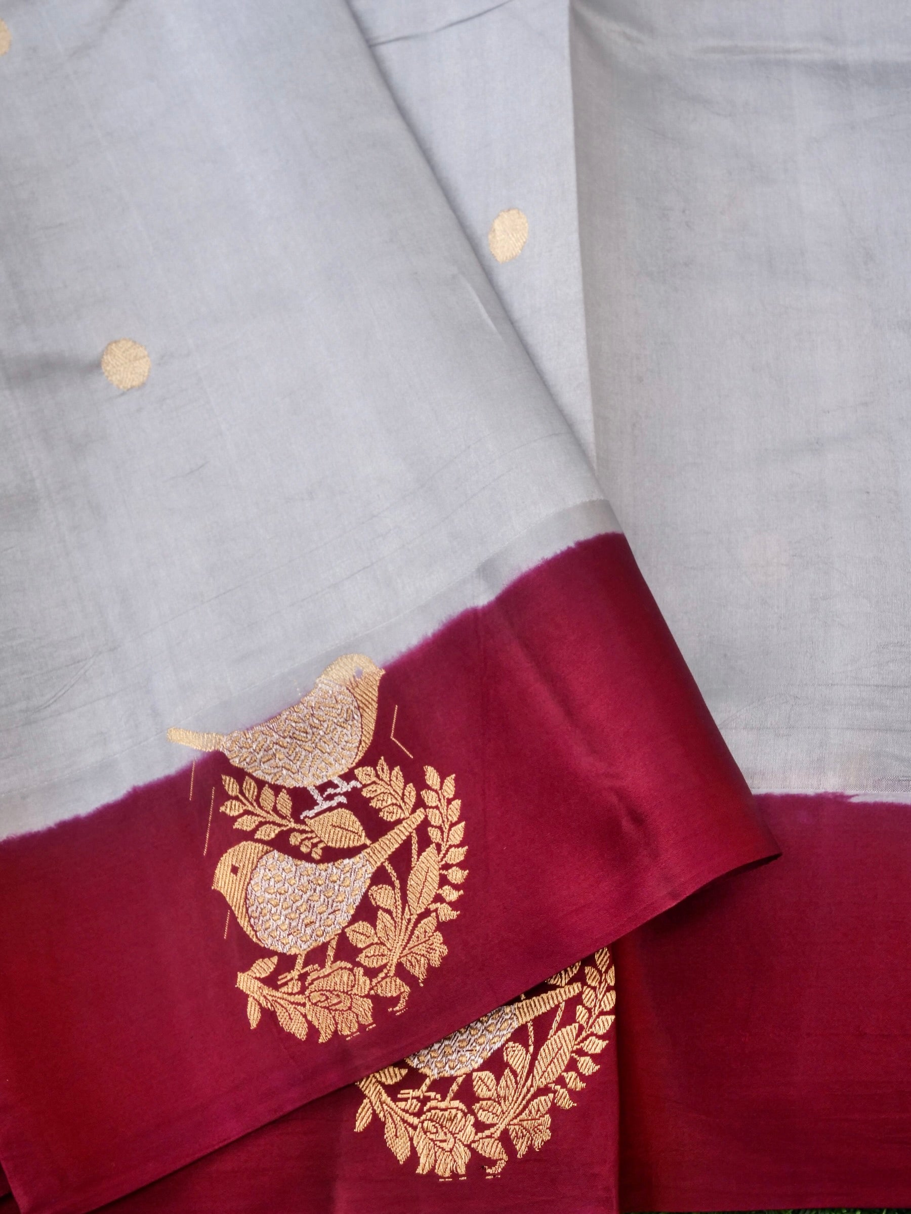 Handloom Banarasi Pure Katan Silk Kadwa Saree in Silver Grey with Bird - Khinkhwab