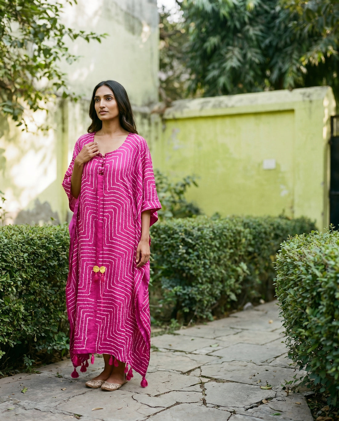 Gajji Silk Bandhani Stitched Kaftan in Magenta Pink