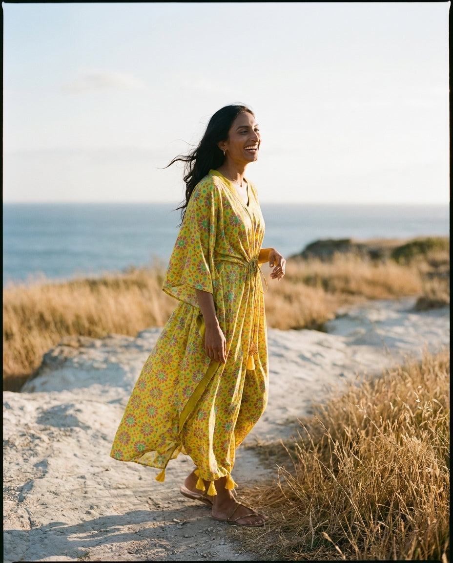 Stitched Sateen Silk Turkish Nilufer Kaftan in Marigold Yellow