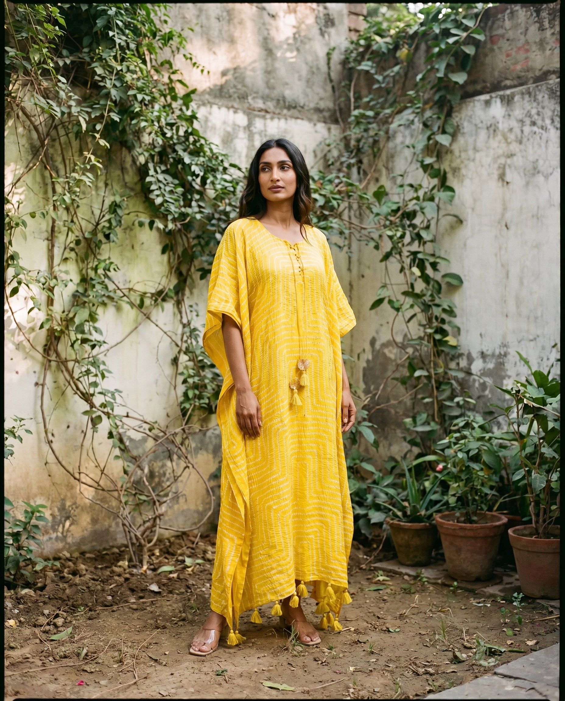 Gajji Silk Bandhani Stitched Kaftan in Sunflower Yellow
