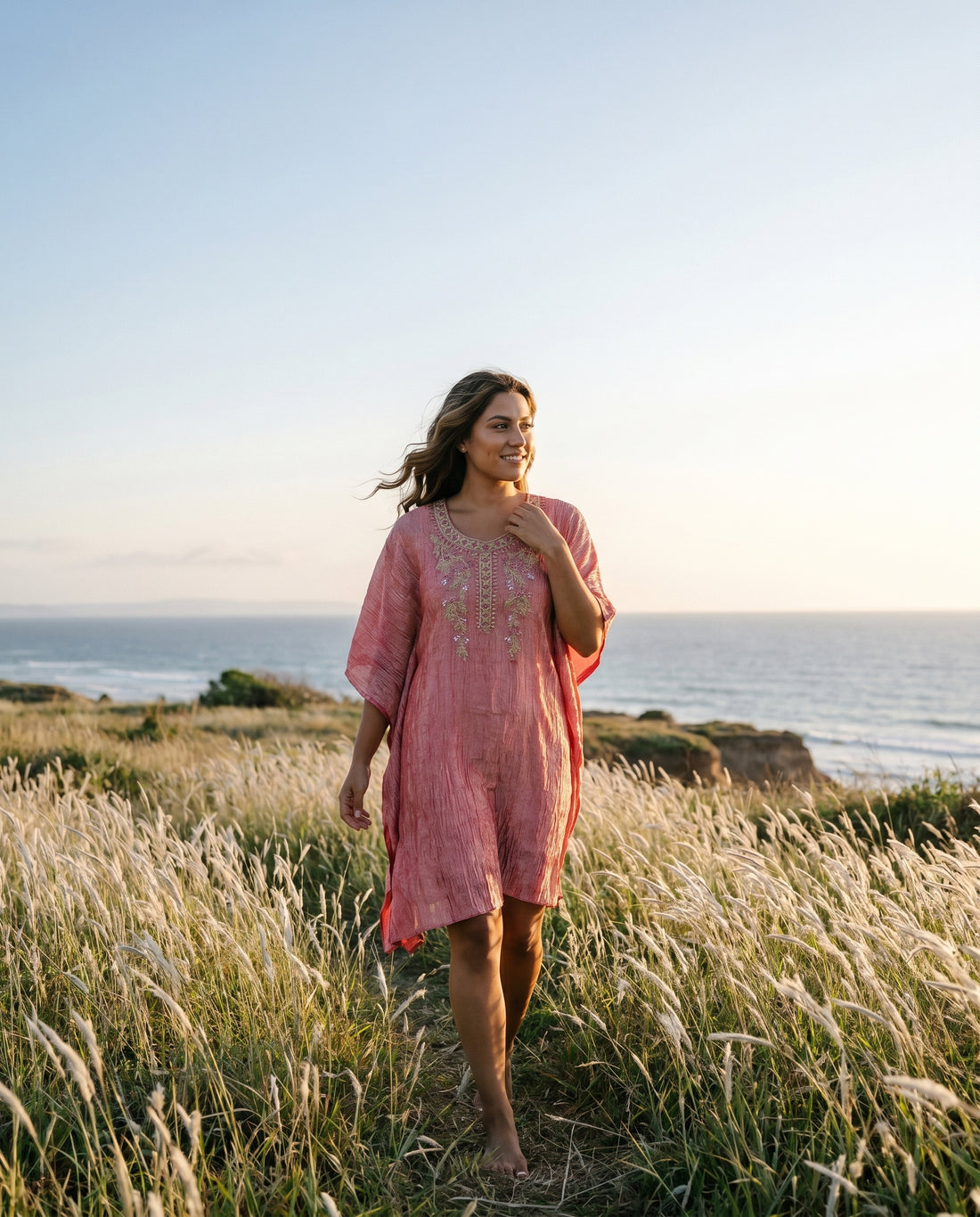 Crushed Tissue Silk Stitched Kaftan in Orange with Embriodery