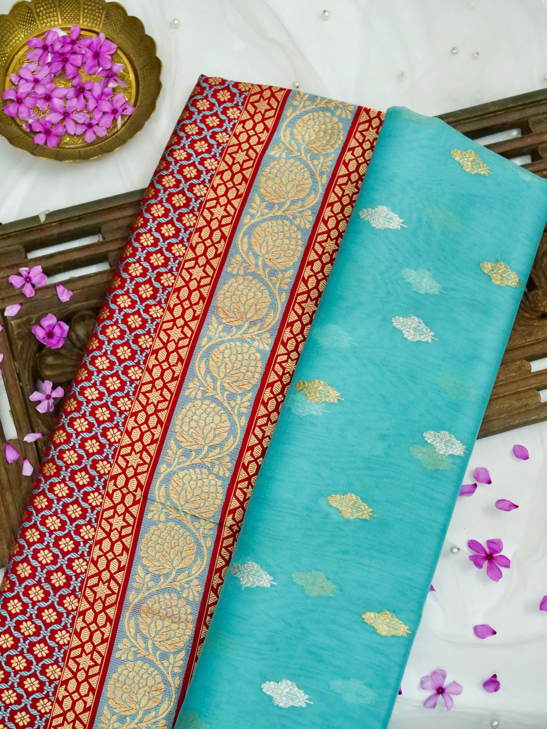 Banarasi Kora Silk Kadwa Alfi Skirt Handloom Saree | Turquoise - Khinkhwab