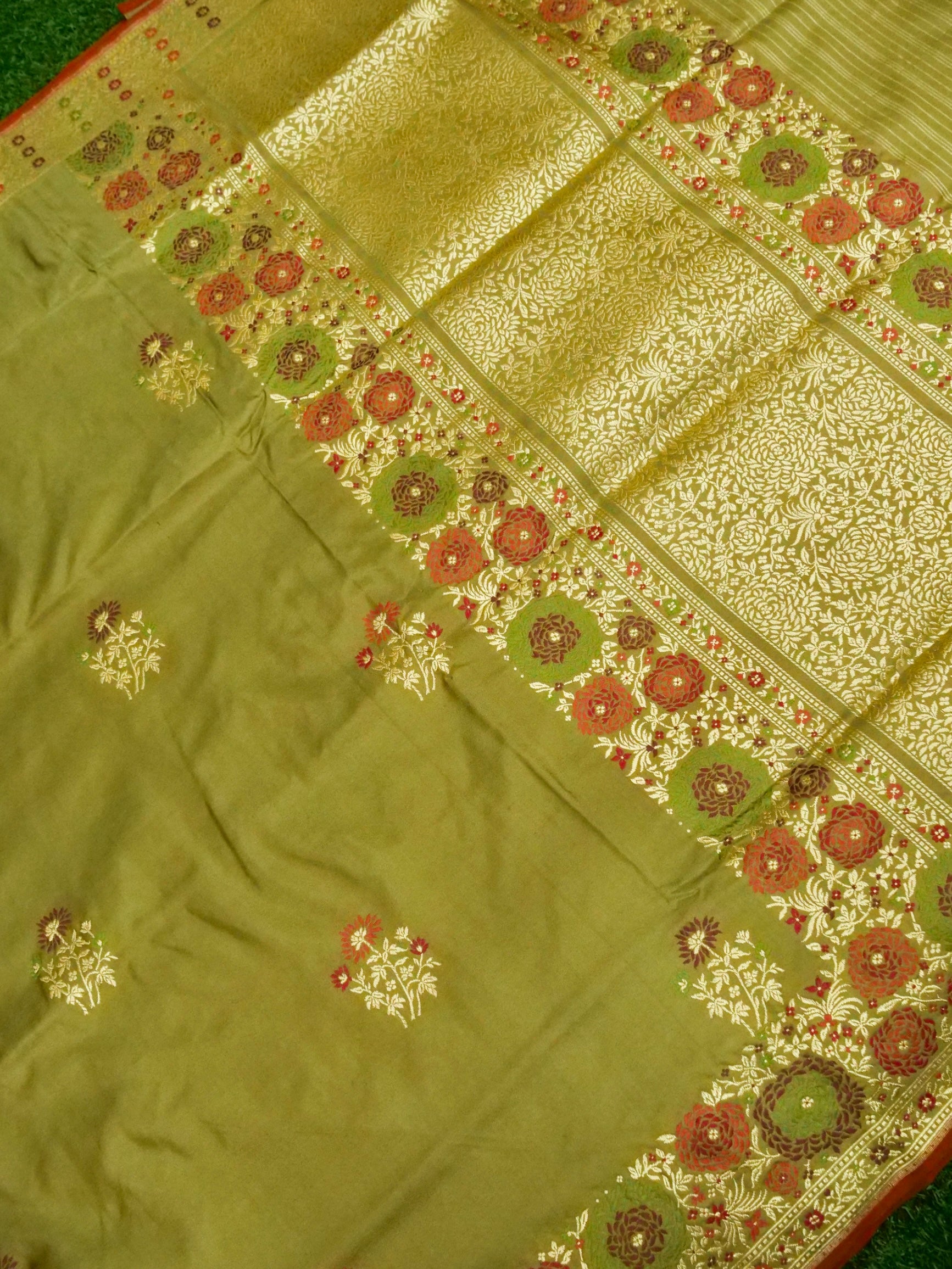 Banarasi Katan Silk Tilfi Border Handloom Saree | Olive Green - Khinkhwab
