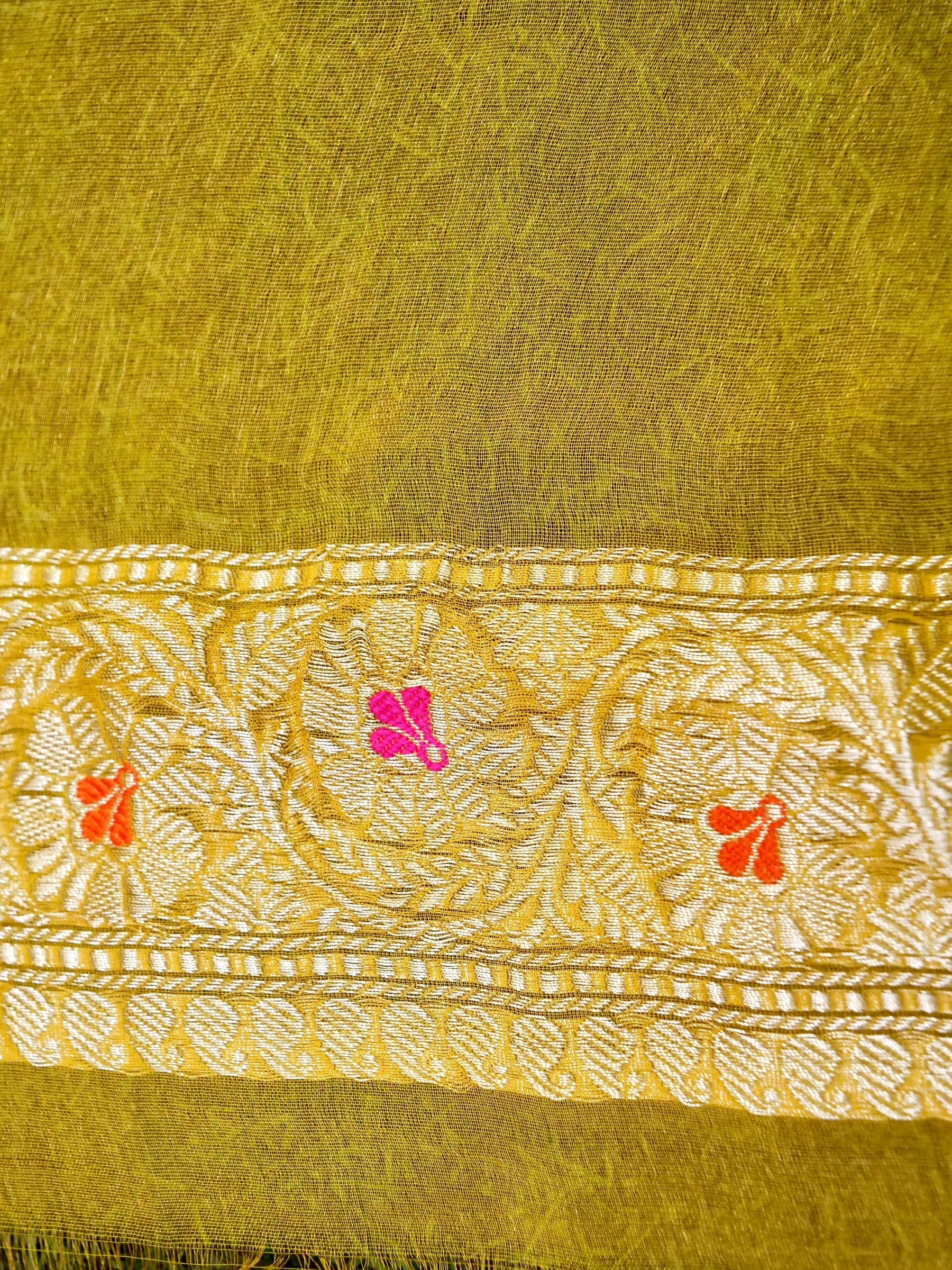 Khaddi Chiffon Tissue Kadwa Kairi Handwoven Banarasi Saree in Mustard Yellow - Khinkhwab