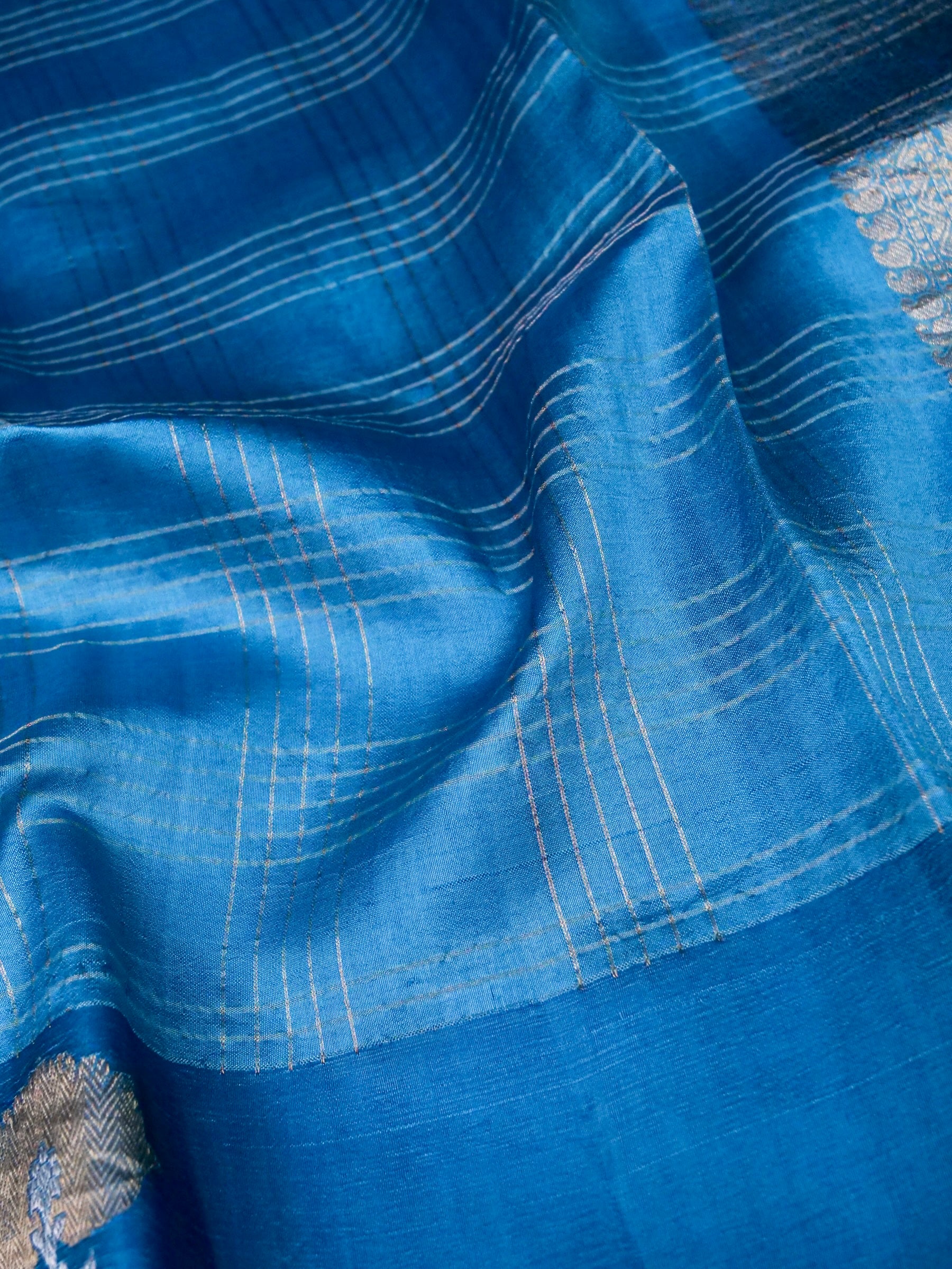 Banarasi Katan Silk Kadwa Striped Handwoven Saree in Cerulean Blue - Khinkhwab