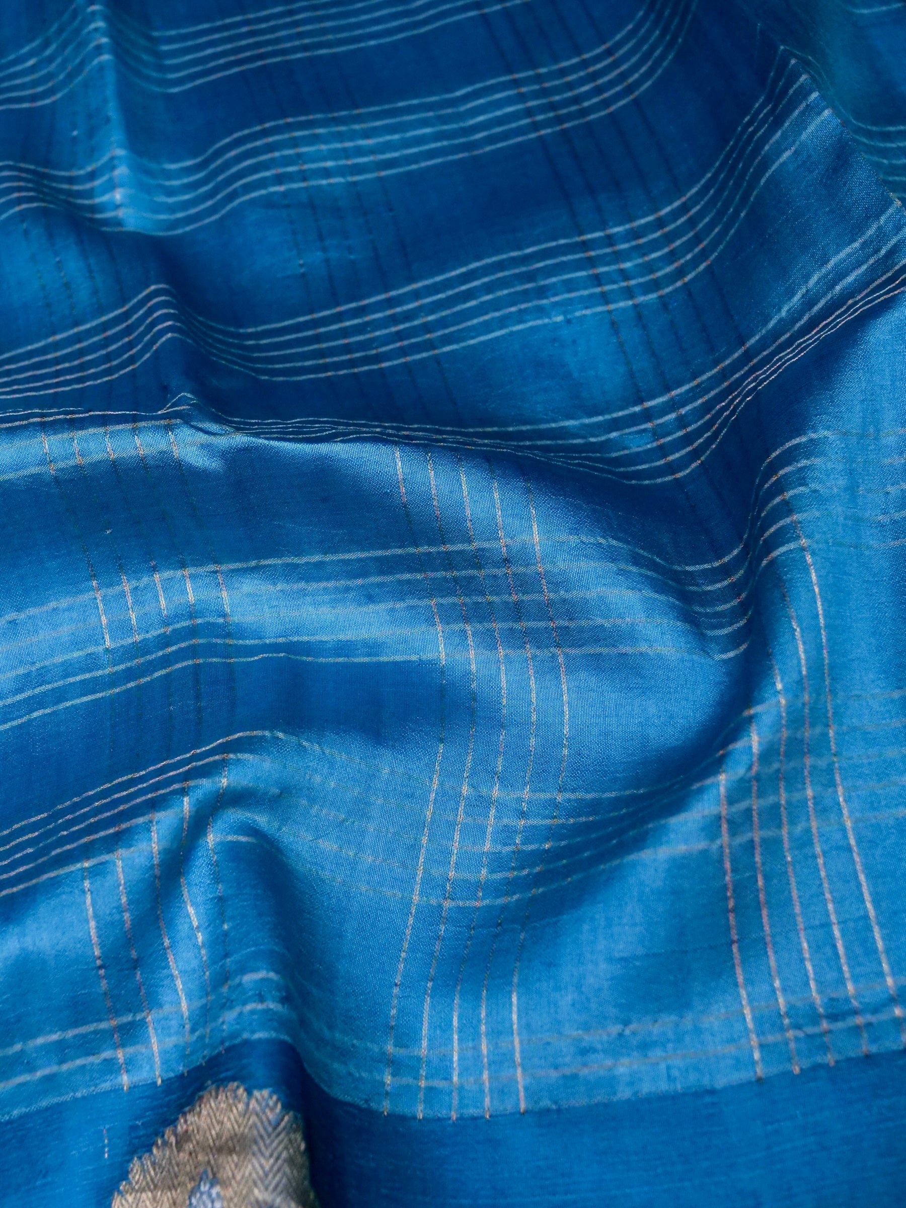 Banarasi Katan Silk Kadwa Striped Handwoven Saree in Cerulean Blue - Khinkhwab