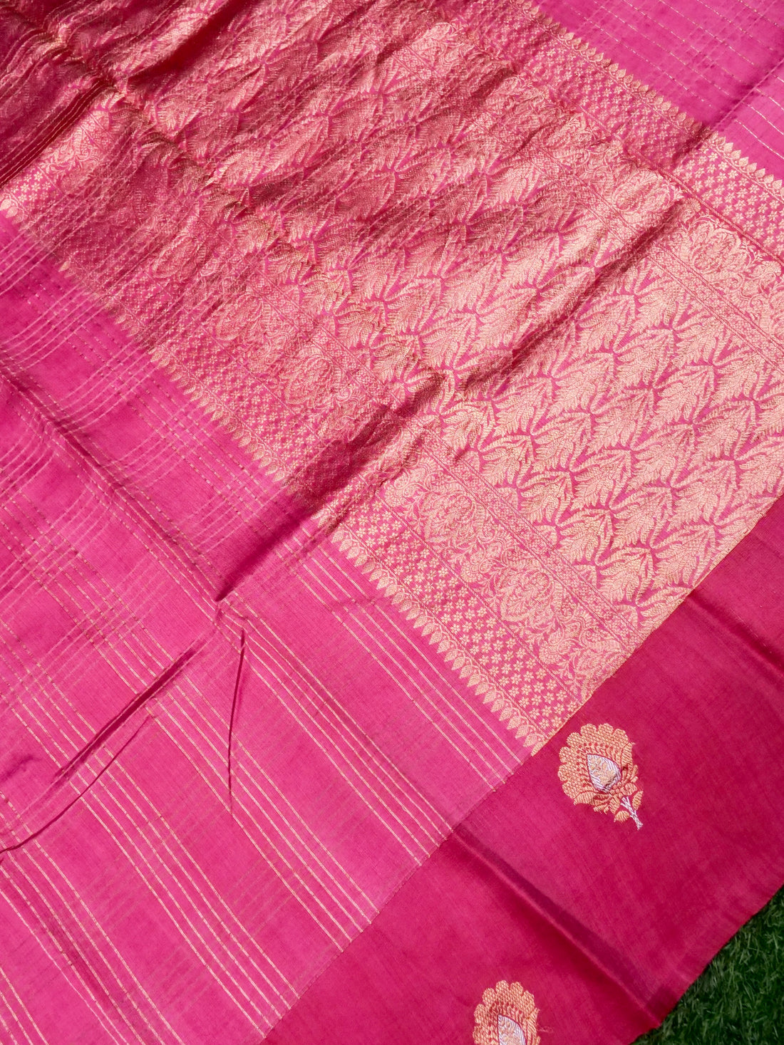 Banarasi Katan Silk Kadwa Striped Handwoven Saree in Rose Pink - Khinkhwab