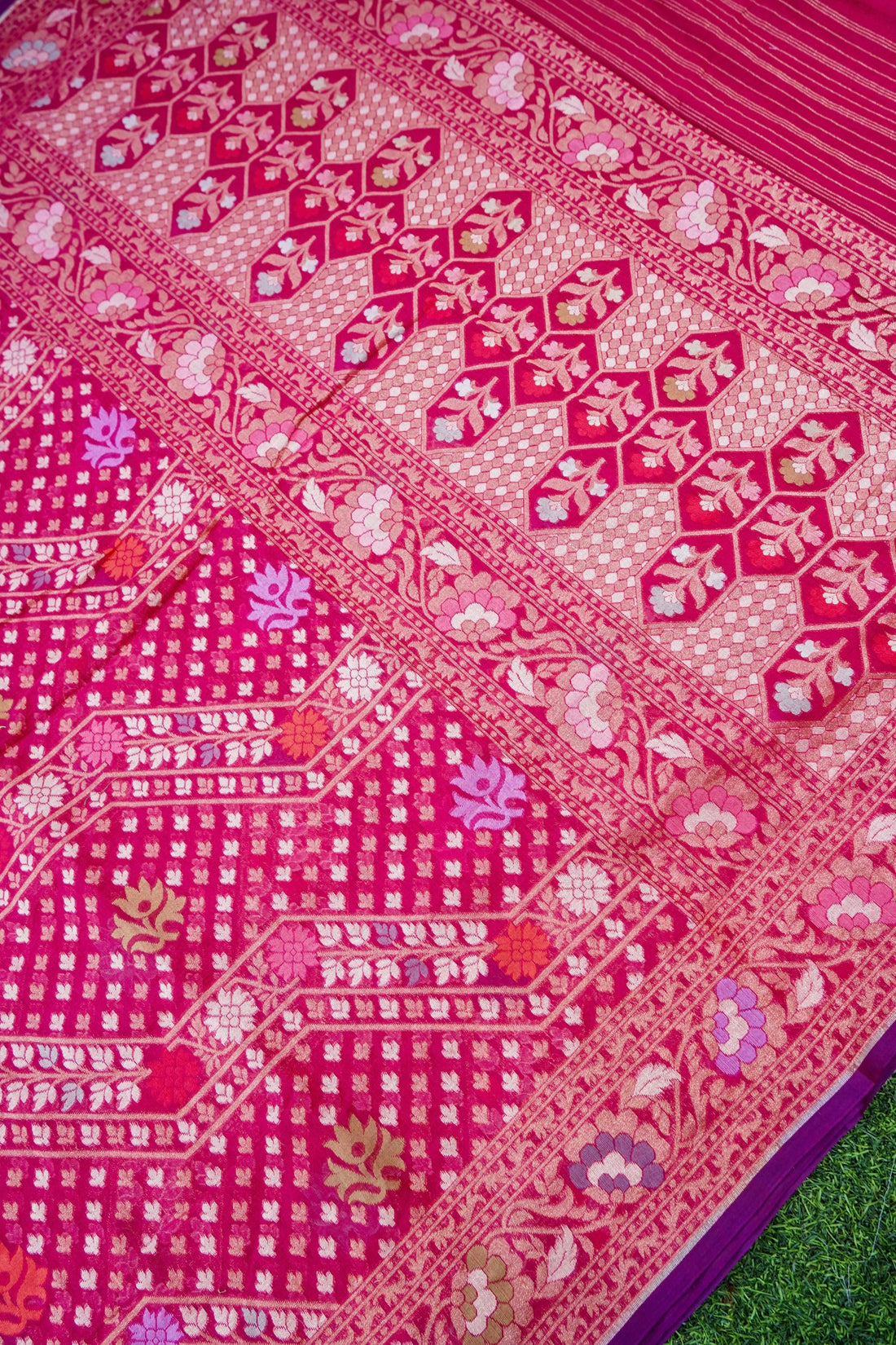 Banarasi Cotton Handloom Jamdani Ektara Saree | Rani Pink - Khinkhwab