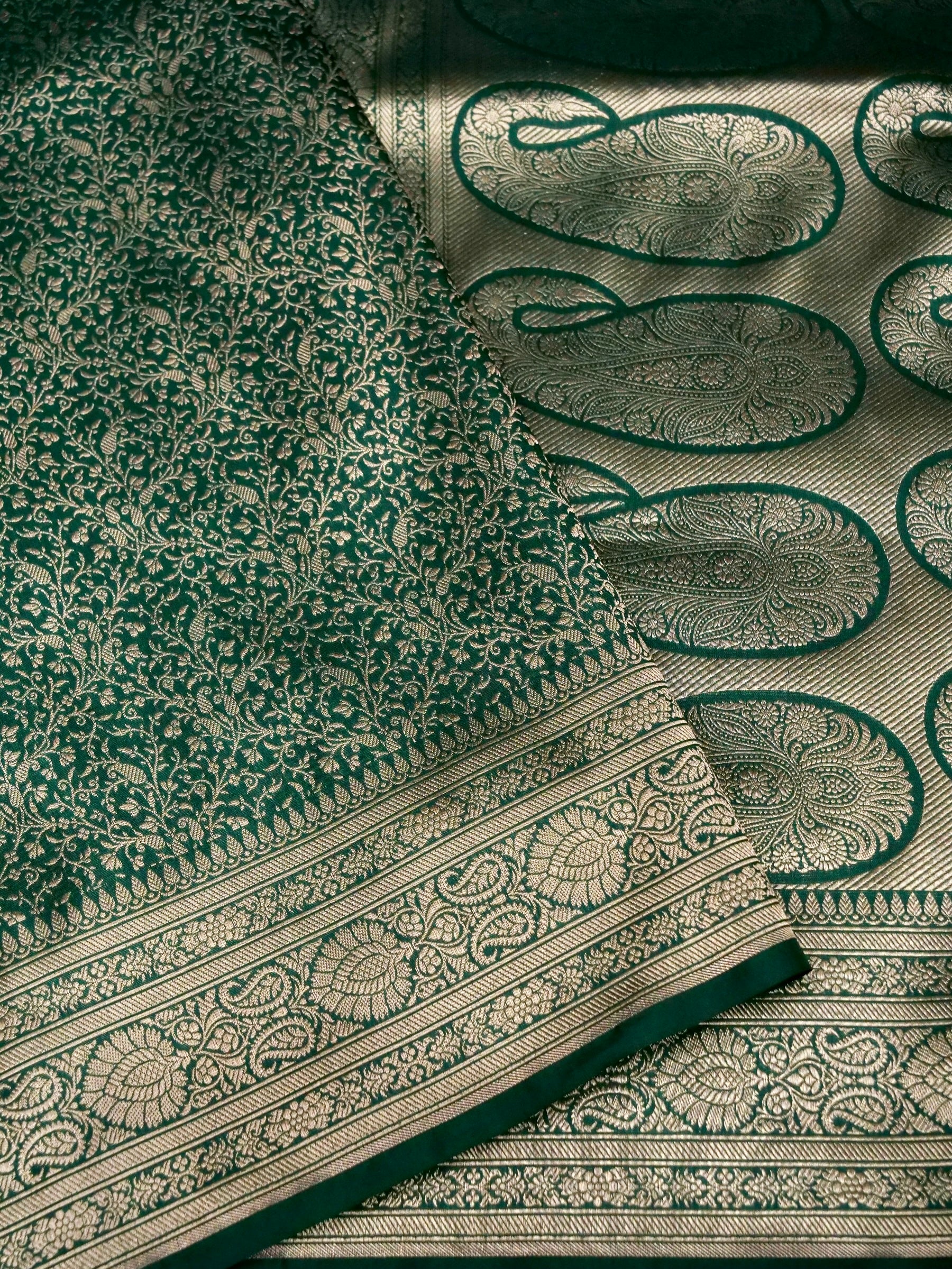 Banarasi Katan Silk Zari Tanchoi Kairi Handwoven Saree in Bottle Green