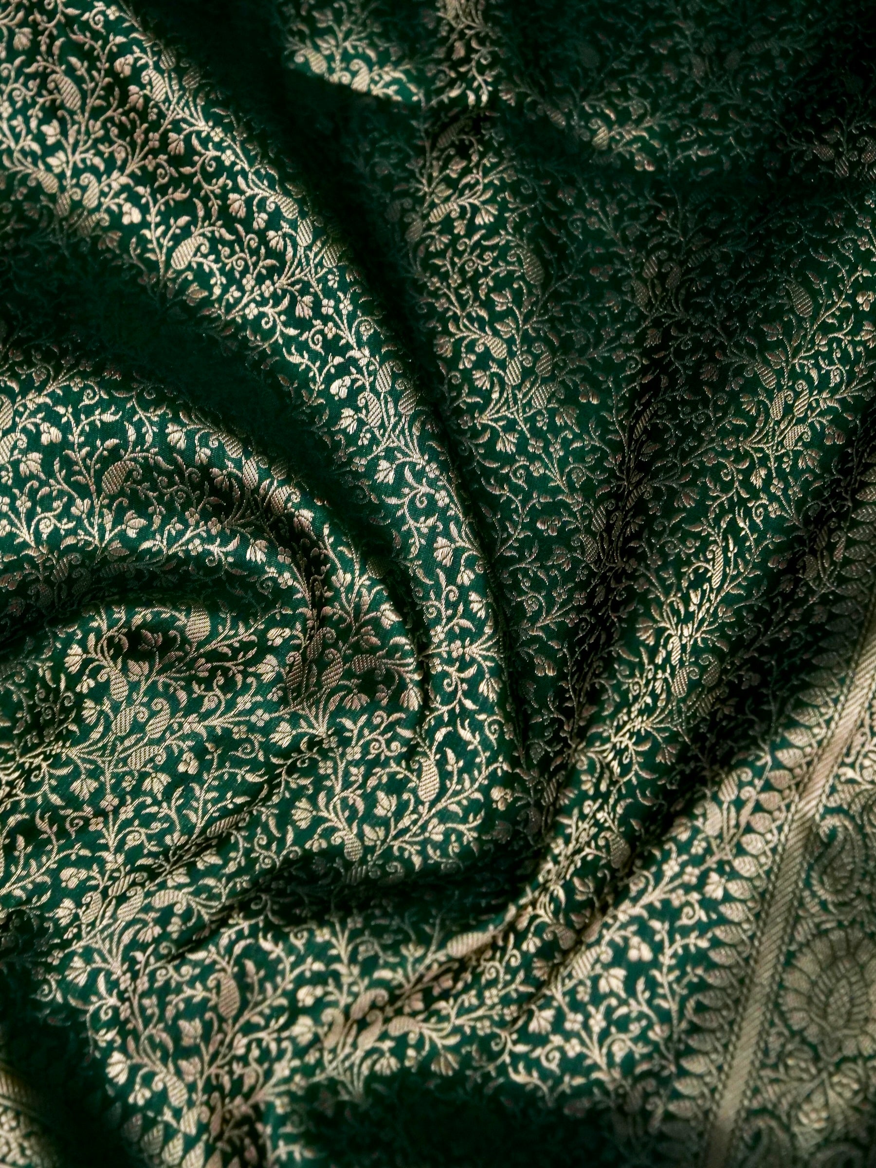 Banarasi Katan Silk Zari Tanchoi Kairi Handwoven Saree in Bottle Green