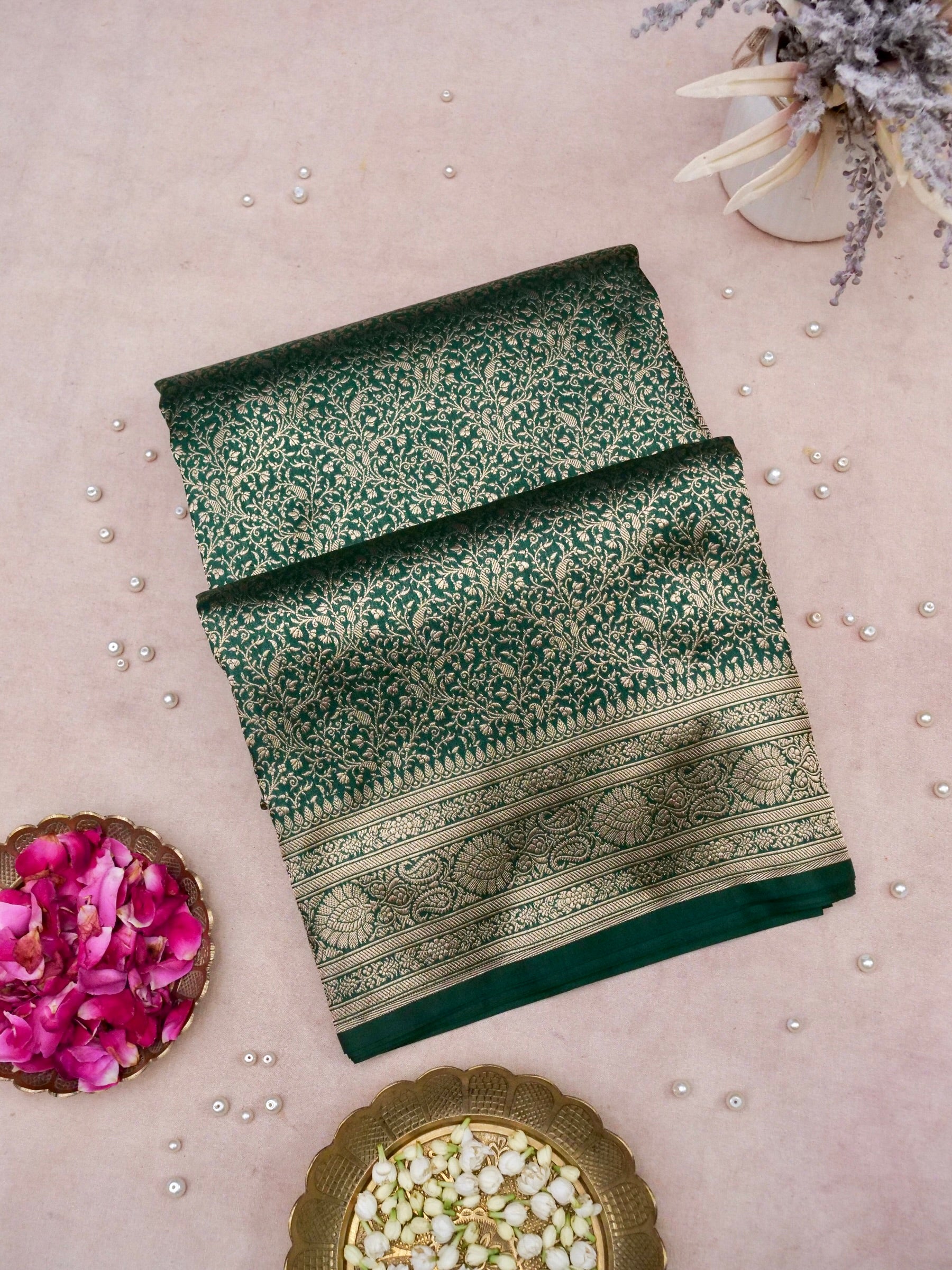 Banarasi Katan Silk Zari Tanchoi Kairi Handwoven Saree in Bottle Green