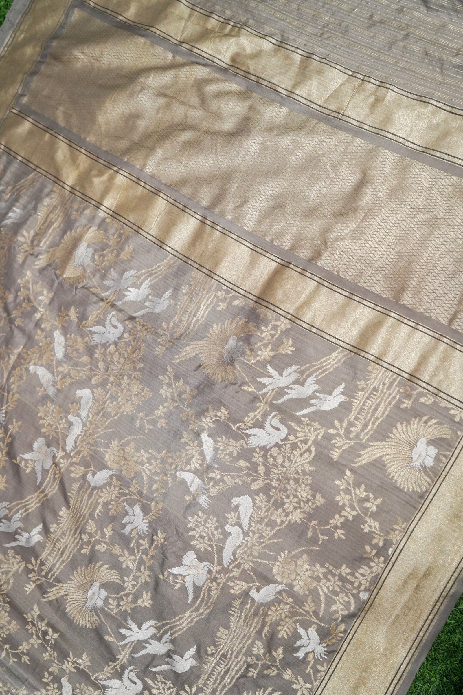 Banarasi Katan Silk Handwoven Saree in Mushroom Grey | Bulbul - Khinkhwab