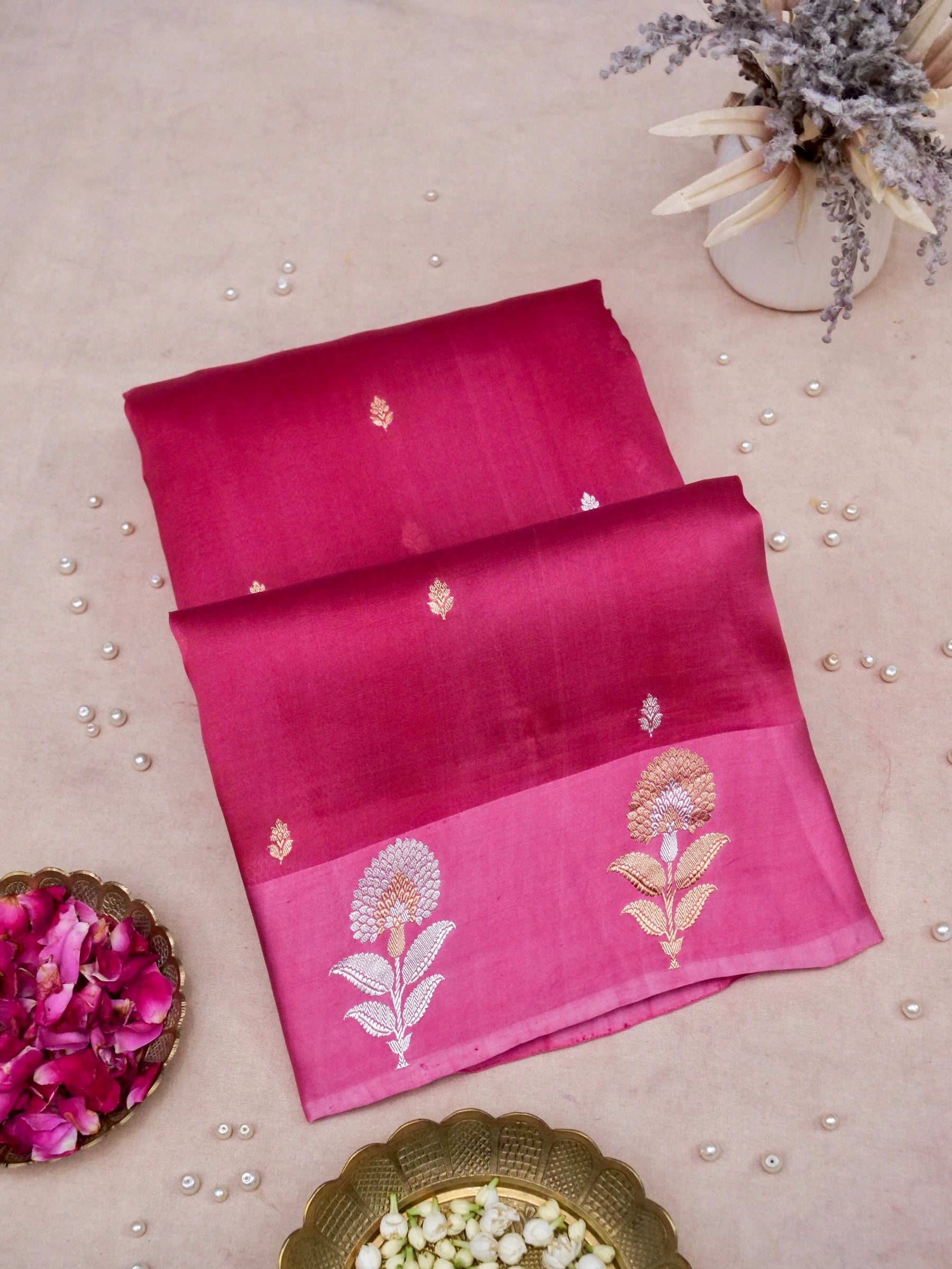 Banarasi Katan Silk Kadwa Marigold Handwoven Saree in Rani Pink - Khinkhwab