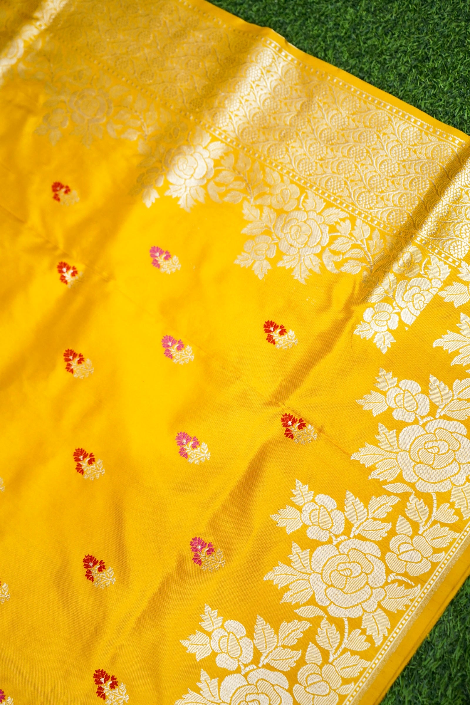 Banarasi Katan Silk Ektara Malti Buti Handwoven Saree in Haldi Yellow - Khinkhwab
